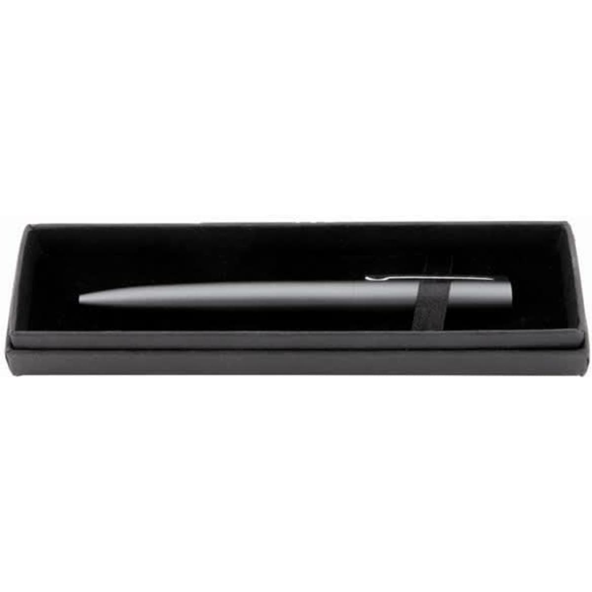 A sleek black pen in a black gift box, designed for packaging pens. The box features a cushioned interior.