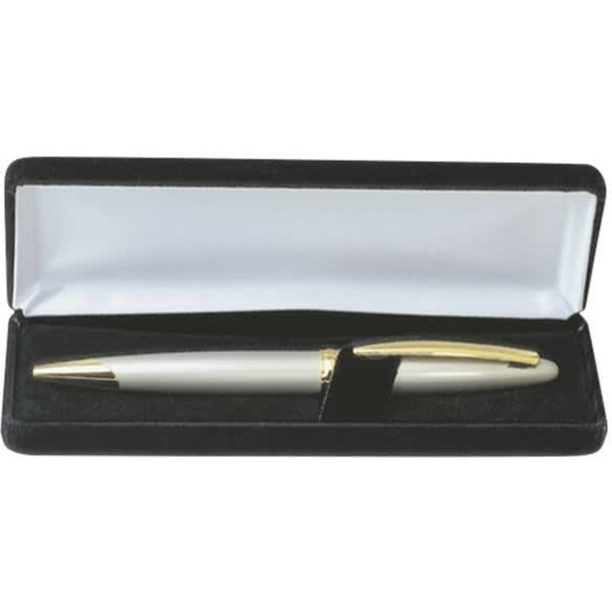 A velvet deluxe gift box containing a grey pen with a gold clip. The box has a black interior.