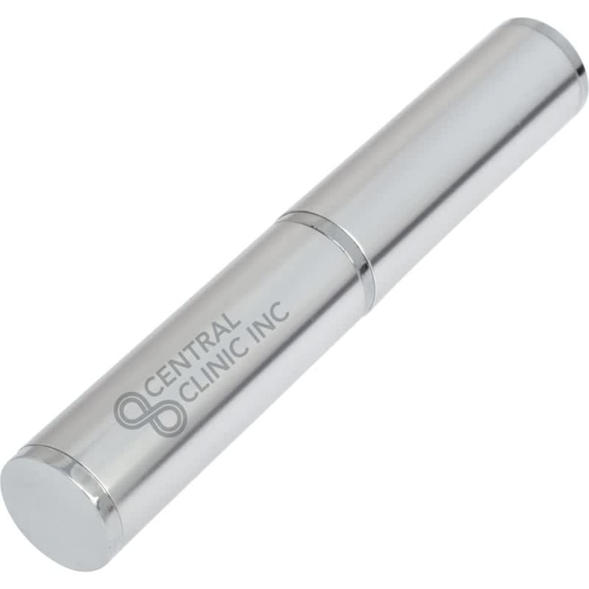 A silver pen presentation tube featuring a logo, designed for writing pen packaging.
