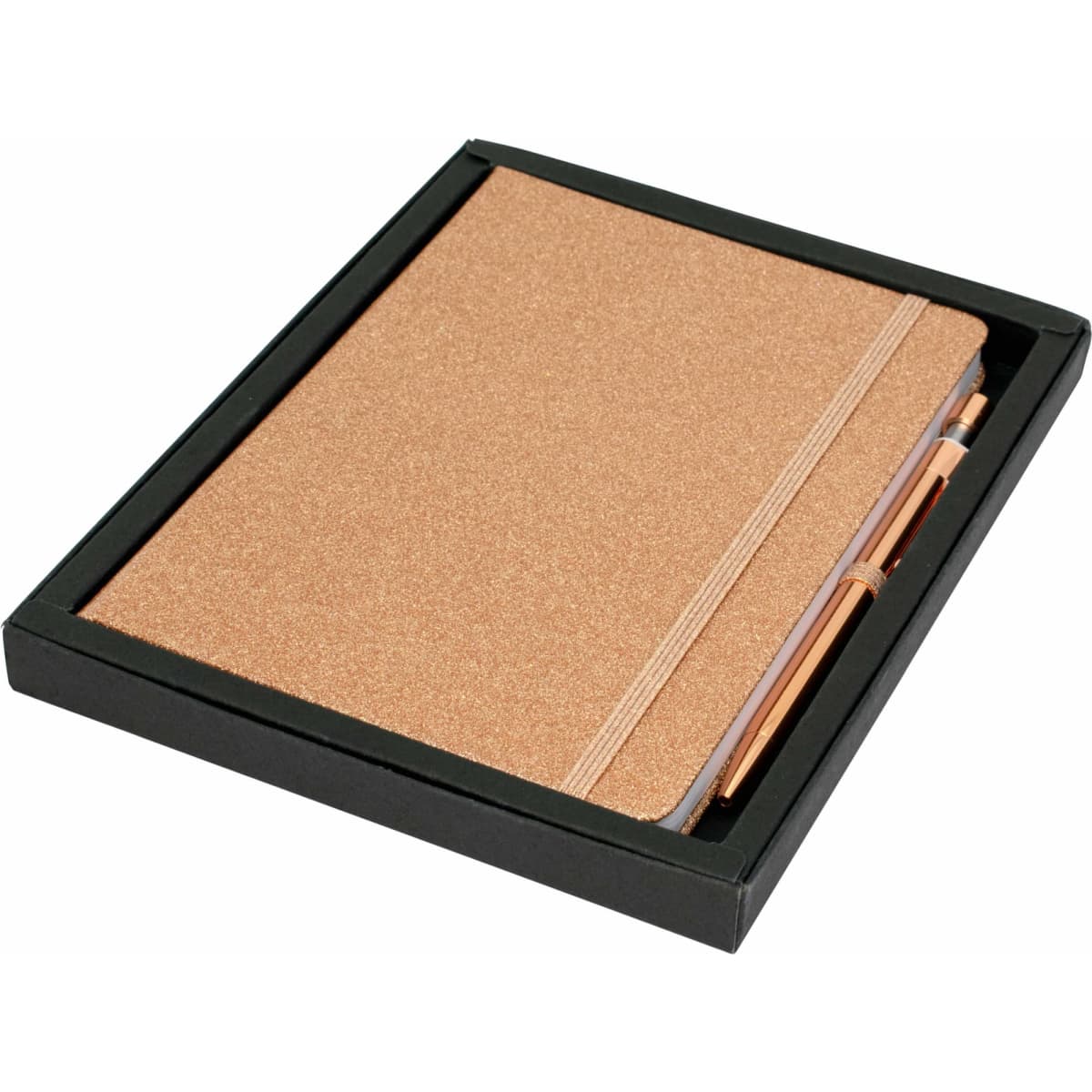 A gold glitter A5 notebook with an elastic band and a matching pen, neatly presented in a black gift box.