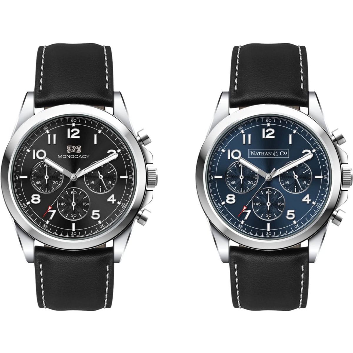 A unisex Chrono watch with a black leather strap, featuring two dial options: black and blue. Each has a branded logo.