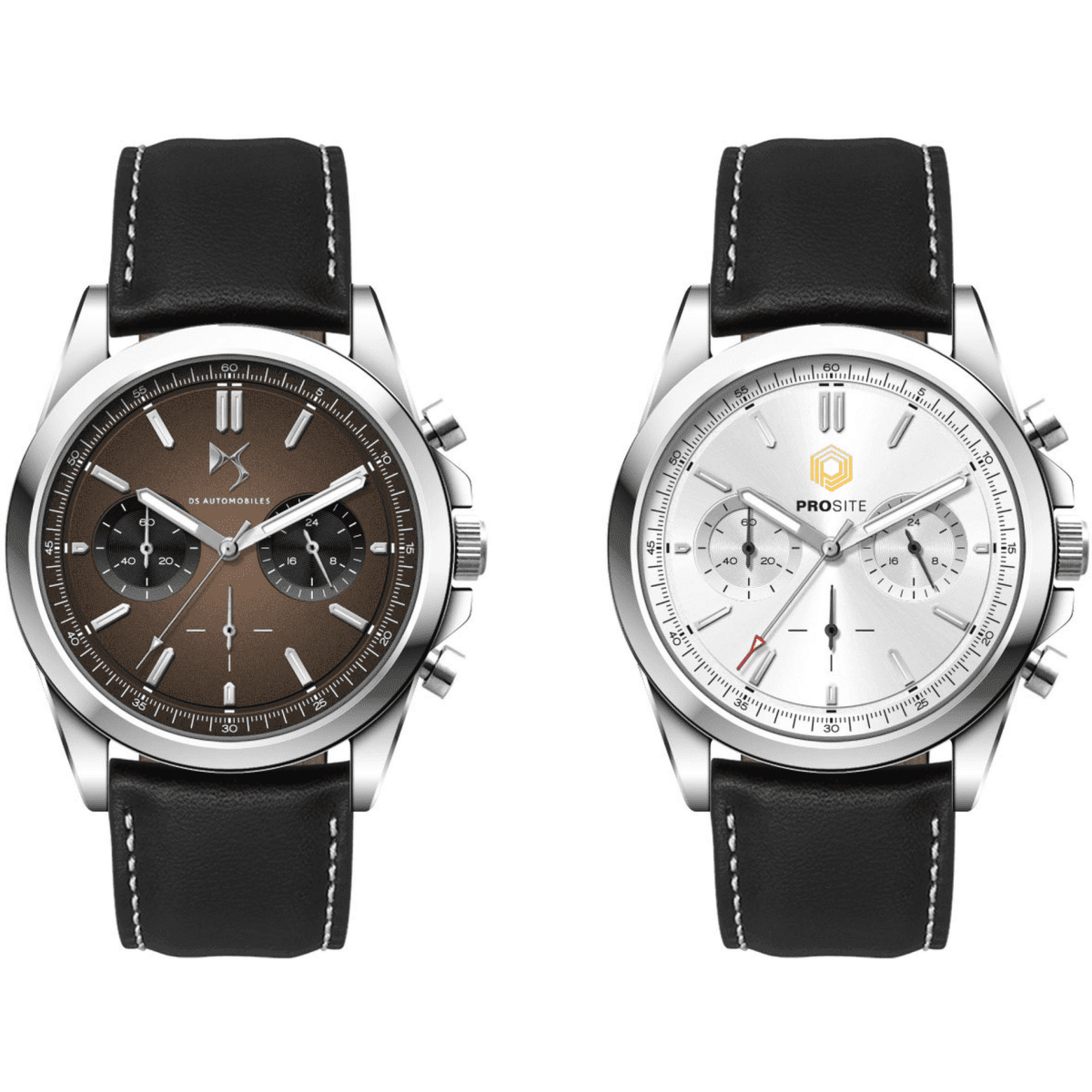 A unisex watch featuring a brown dial and black leather strap alongside a silver dial and leather strap watch.