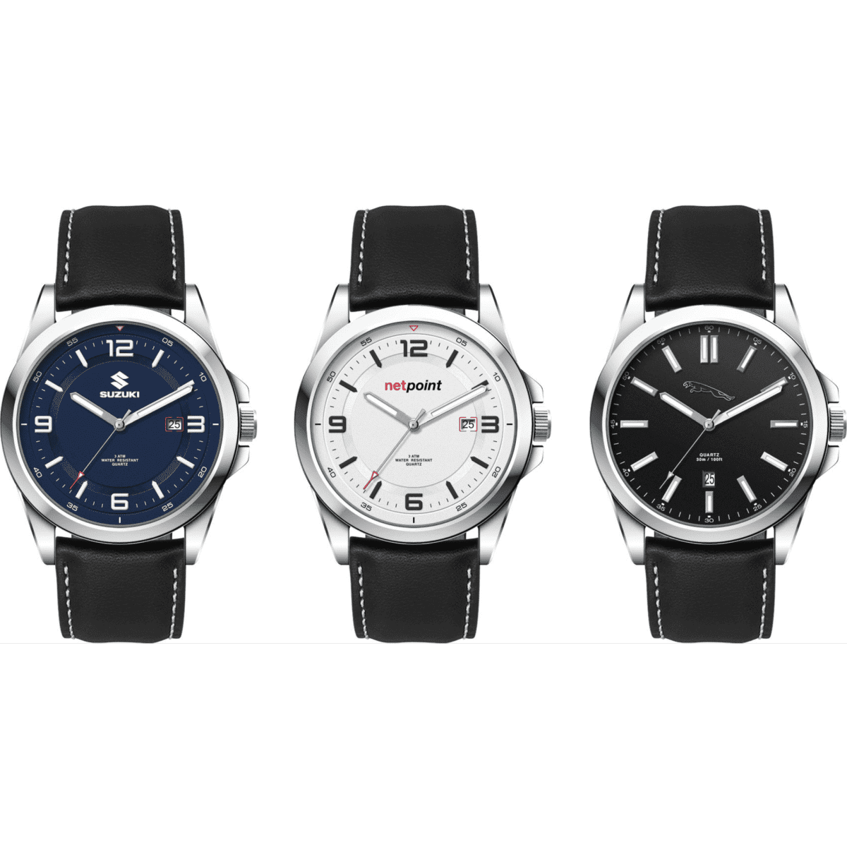 A casual unisex watch collection featuring leather straps, silver cases, and dials in blue, white, and black.