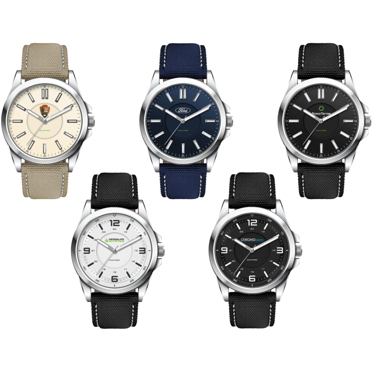 A collection of five unisex solar watches featuring various dial colours, with rPET straps and metallic cases. Each watch has a logo.