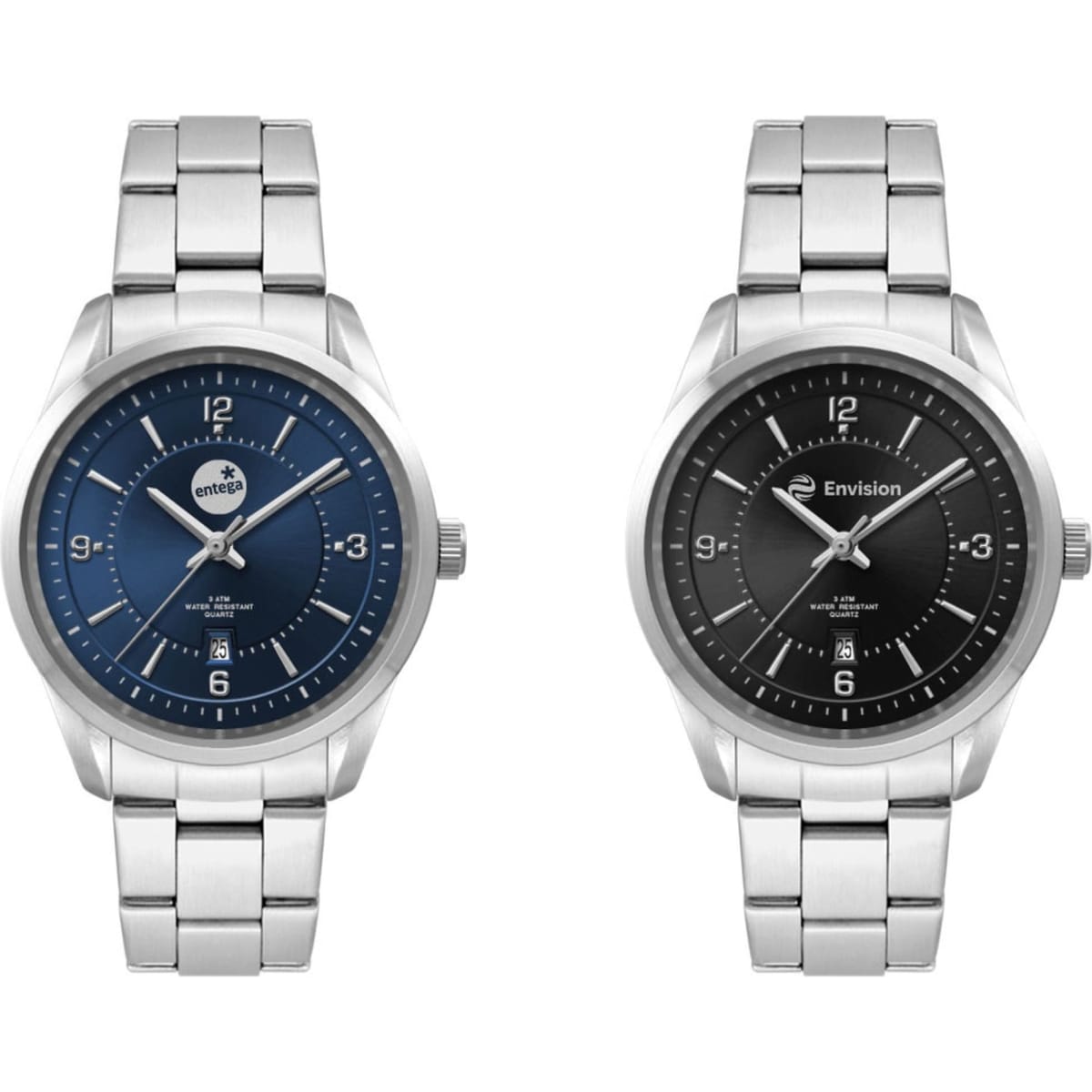 Two stainless steel strap watches featuring a blue dial and a black dial, both with numeric markers and a date display.