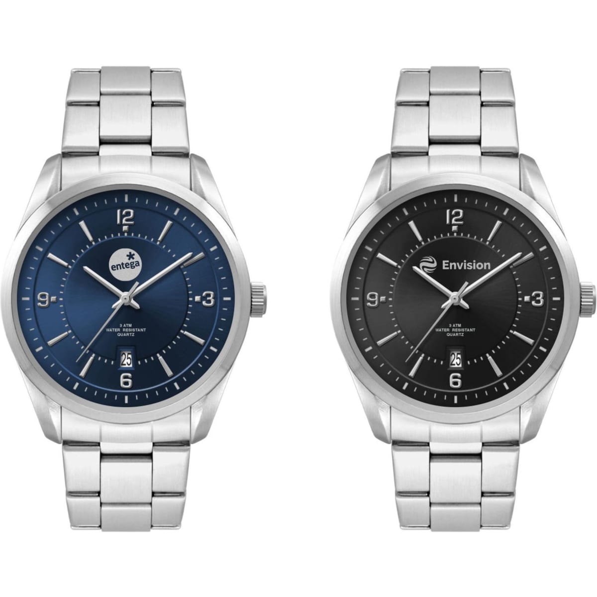 A casual dress watch with a stainless steel strap, featuring a blue and a black dial design. Both have branding.