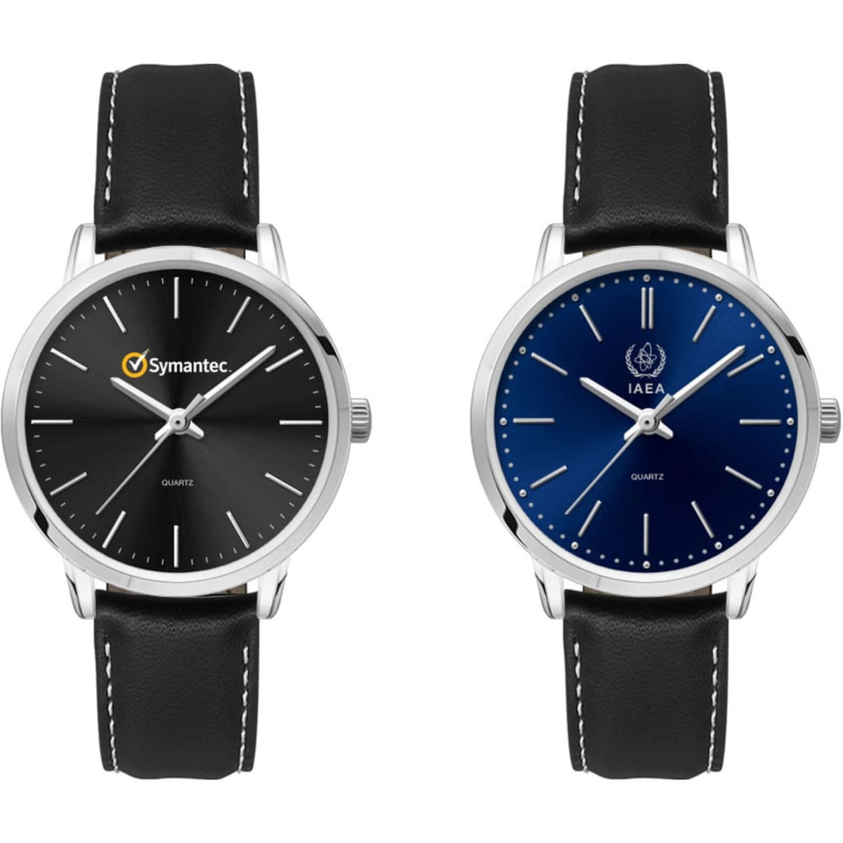A pair of ladies' dress watches featuring a black and a navy blue dial, both with leather straps and silver-tone cases.