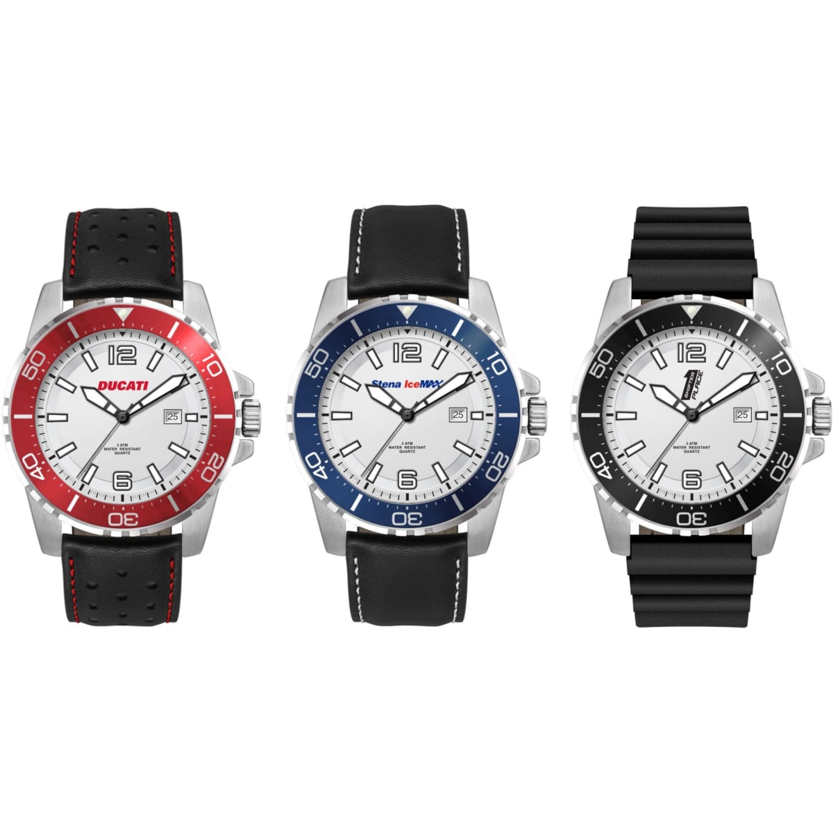 Sports watches with silver cases and white dials, featuring red, blue, and black silicone or leather straps. Each has a logo.
