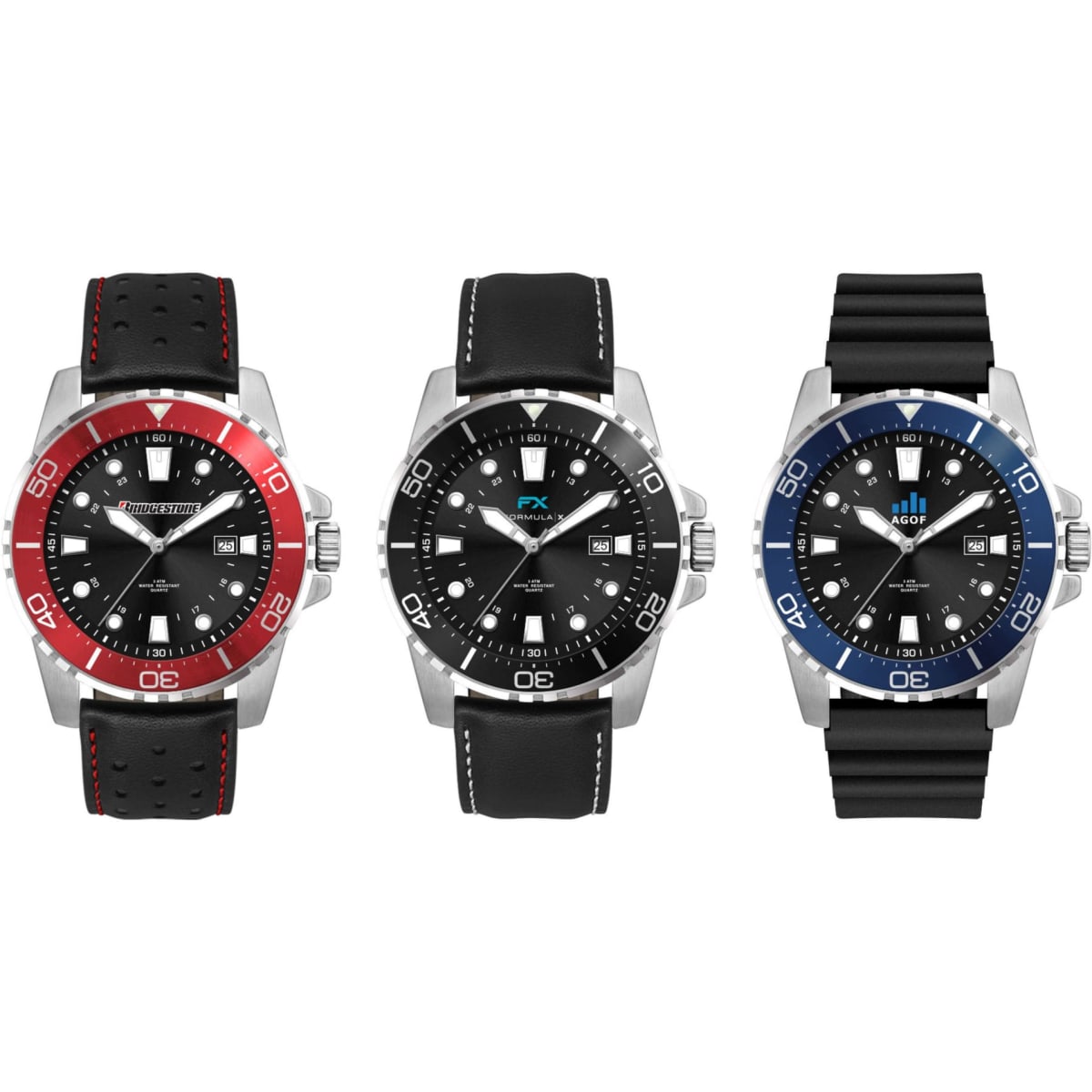 A collection of three sports watches featuring leather and silicone straps, with red, black, and blue accents.