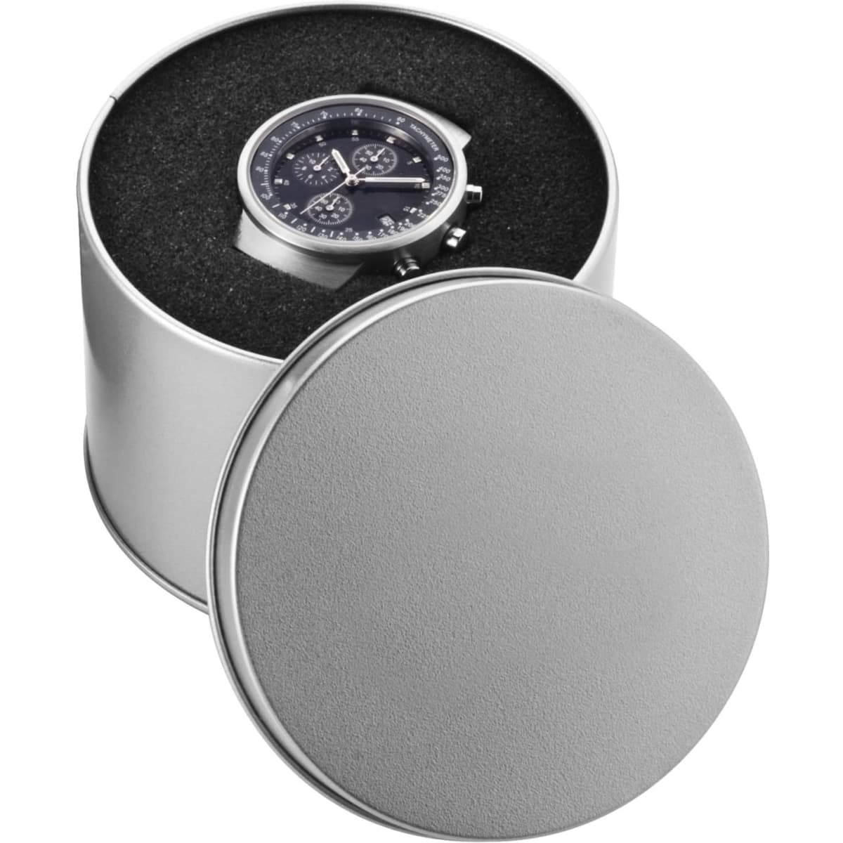 A round silver watch case containing a dark watch, set against a textured black background.