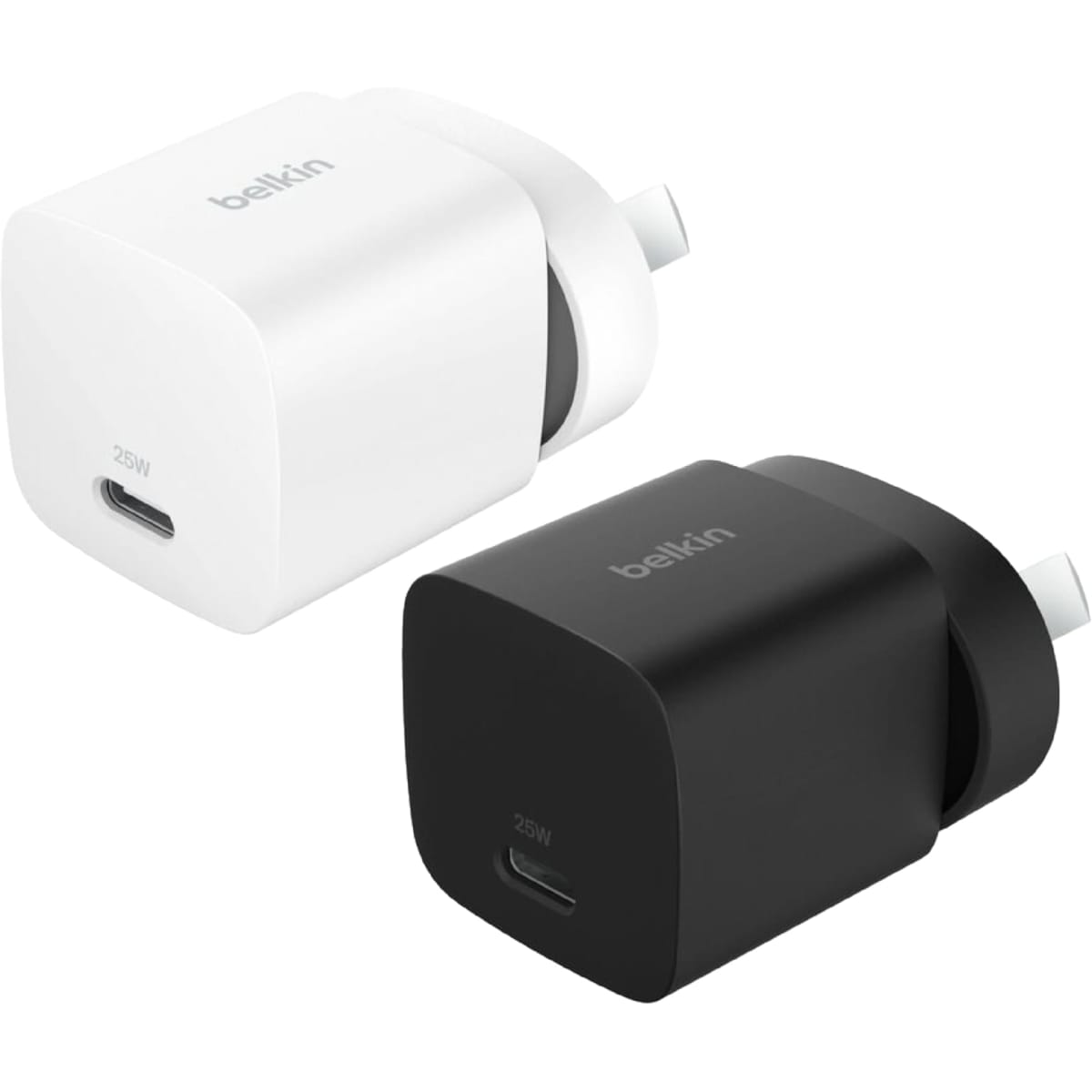 A wall charger set in white and black, featuring a USB-C port and a branding logo.