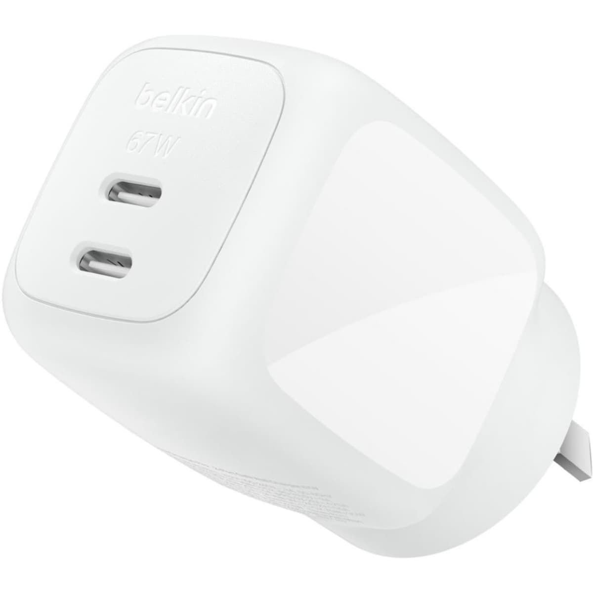 A white dual USB-C wall charger with a sleek design and a branding logo.
