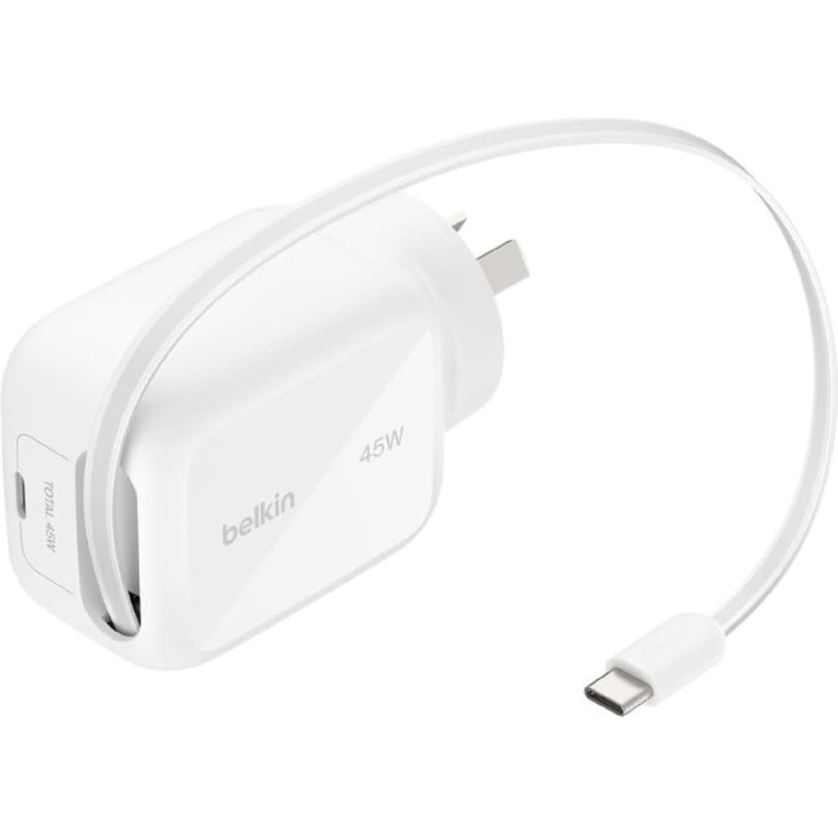 A white Belkin 45W retractable GaN wall charger with a USB-C cable attached and a small logo.