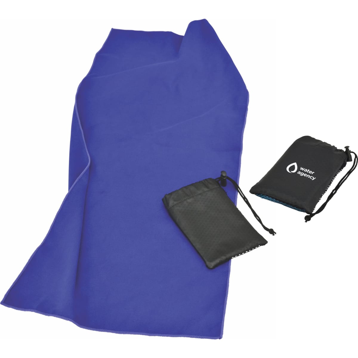 A purple microfibre towel accompanied by two small black pouches, one with a logo.