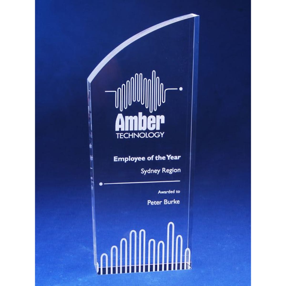 A clear acrylic trophy with a curved top, featuring engraved text and a logo. The base is flat and rectangular. 