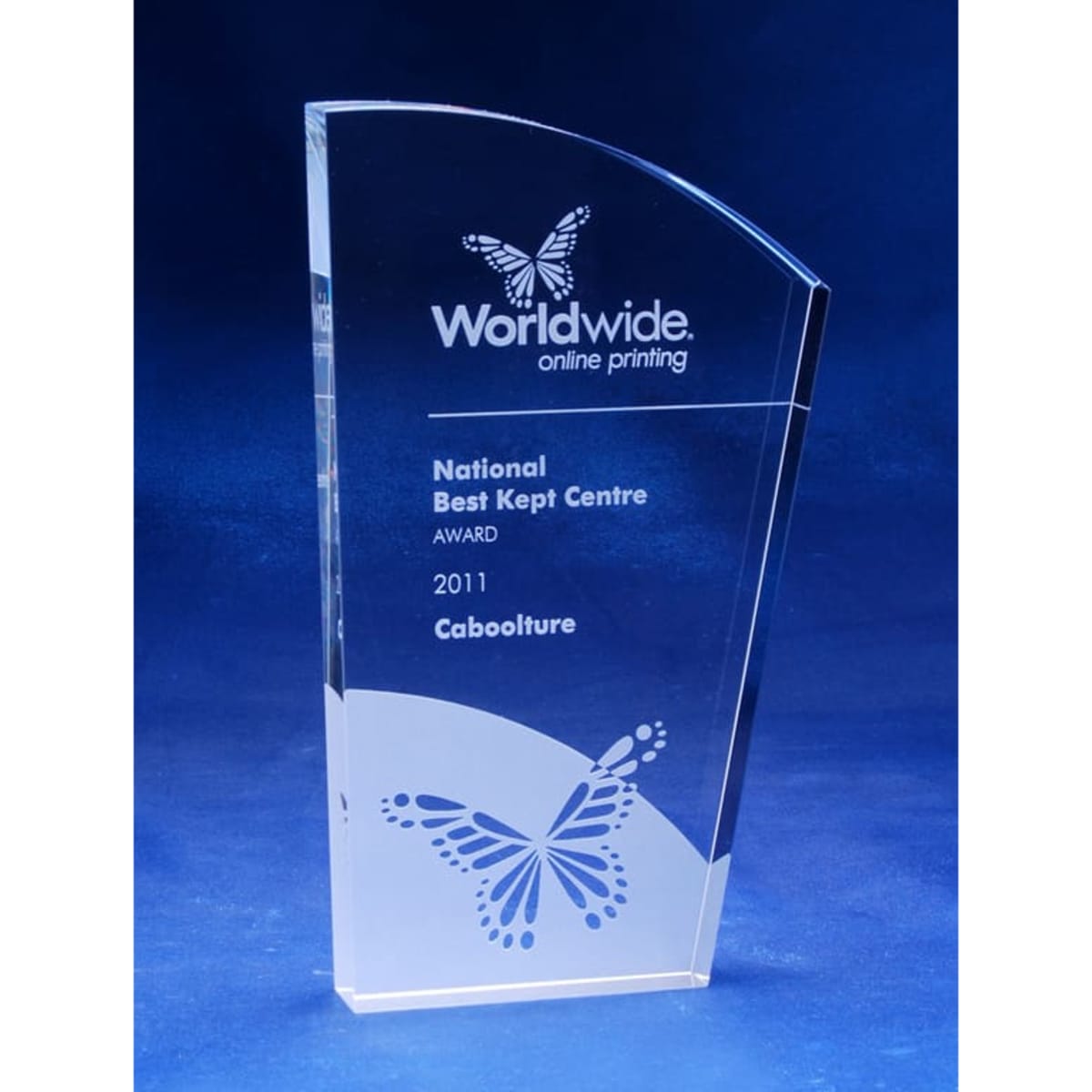 A clear optical crystal award featuring an asymmetrical arch design with a butterfly motif and a logo.