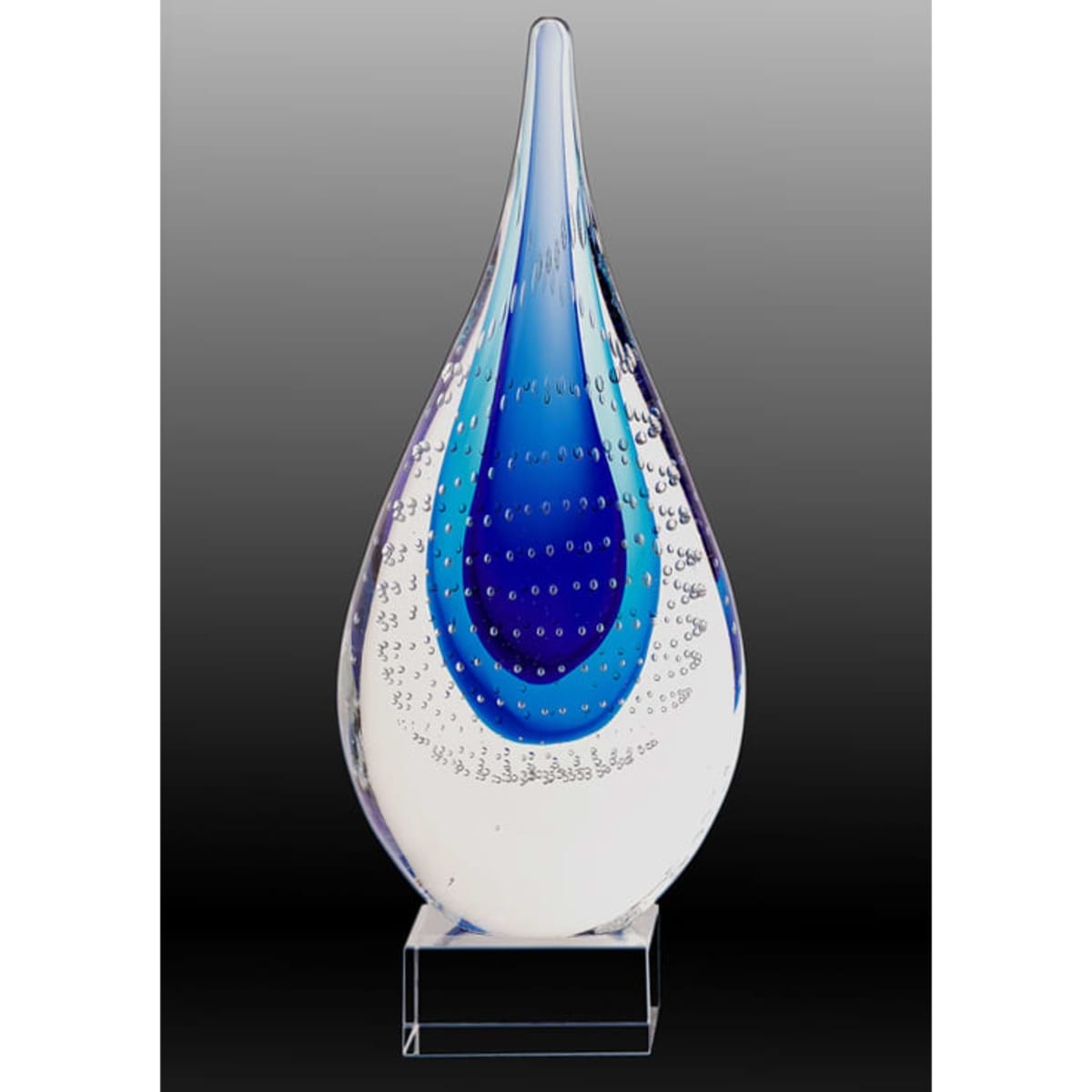 A light blue and blue art glass trophy featuring a sleek teardrop design on a clear base.