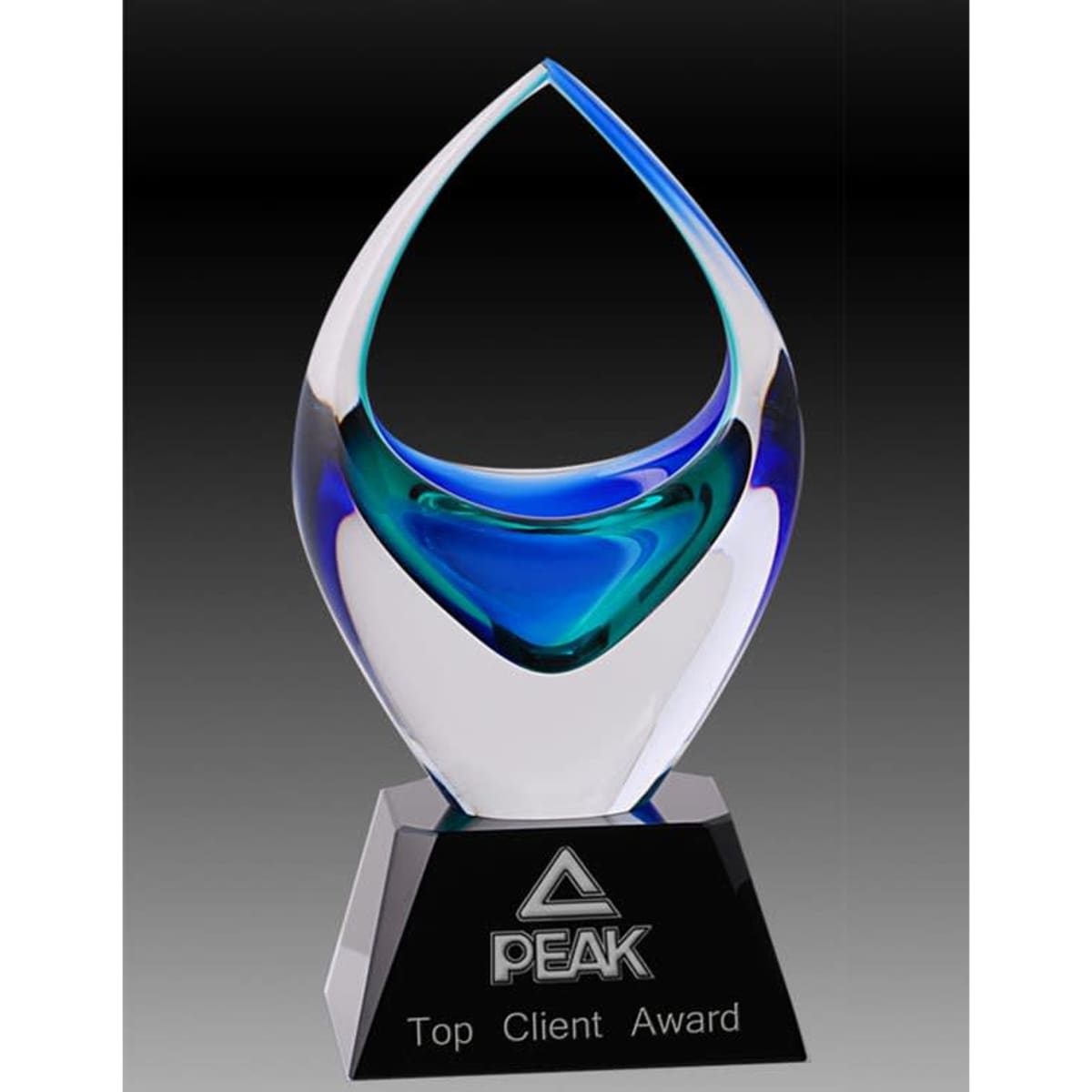 A glass trophy with a blue and green design on a black base, featuring a logo on the front.