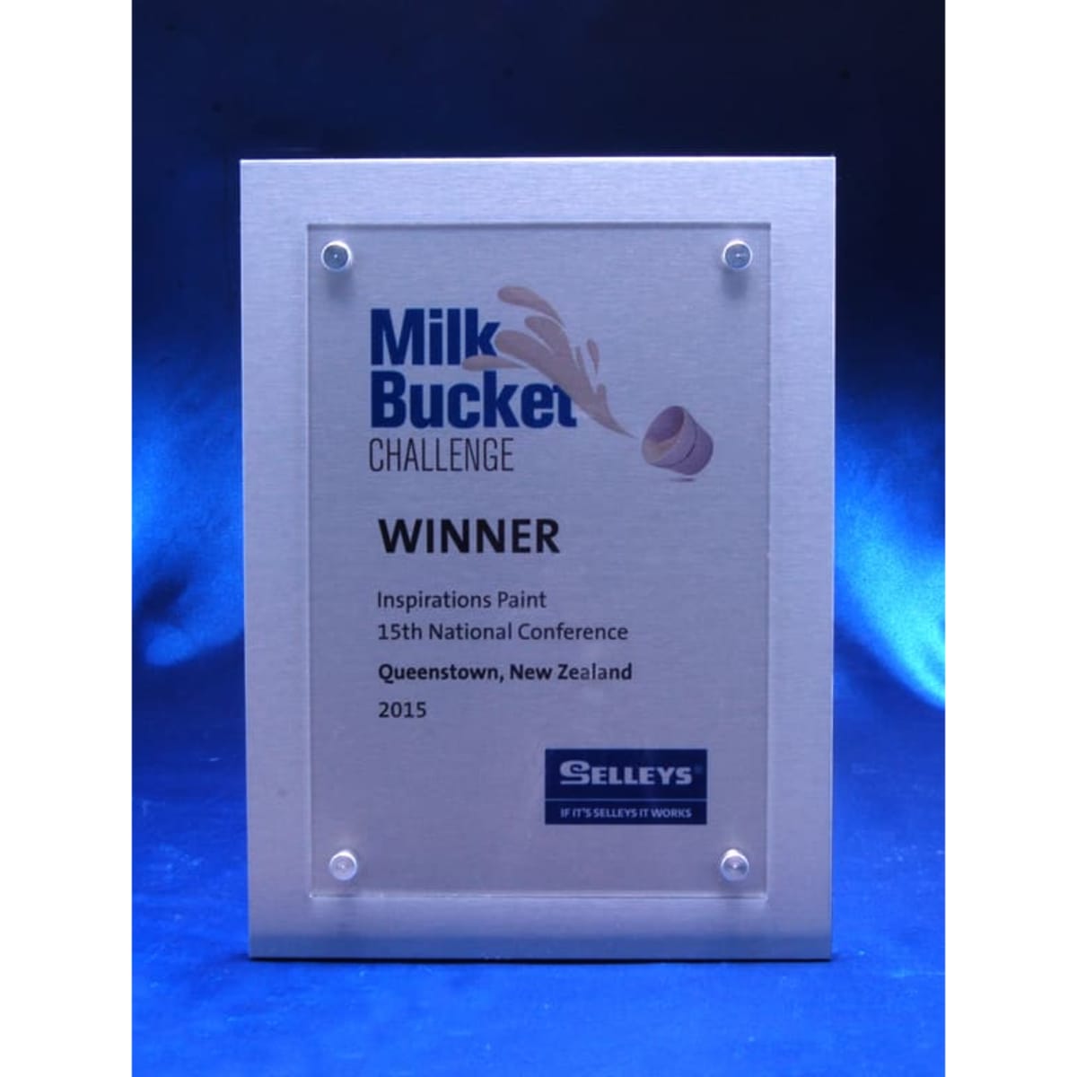 Acrylic over metal plaque featuring a silver background and round standoffs, with a logo and award details.