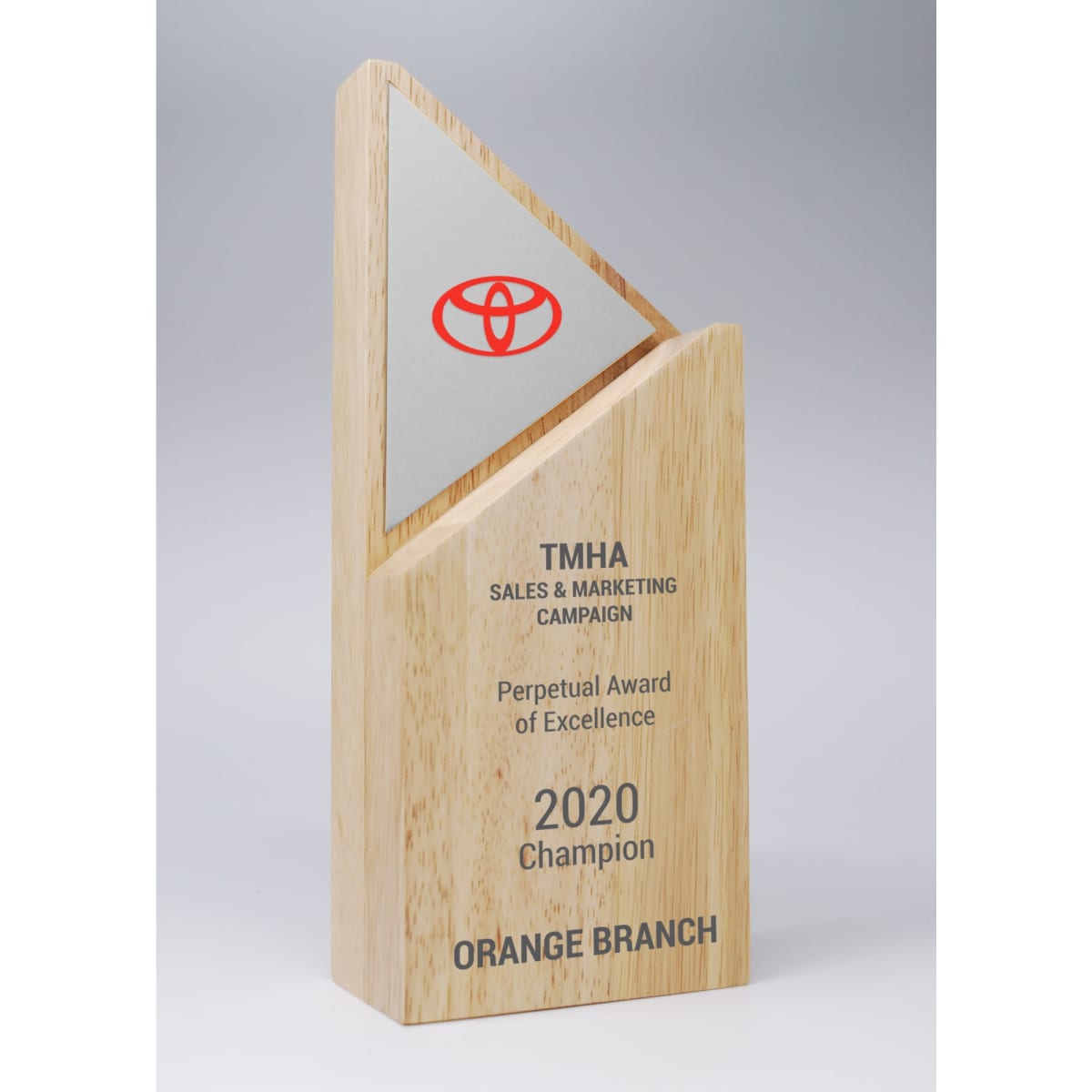 A wooden award with a triangular silver plate on top, featuring a logo and engraved text.