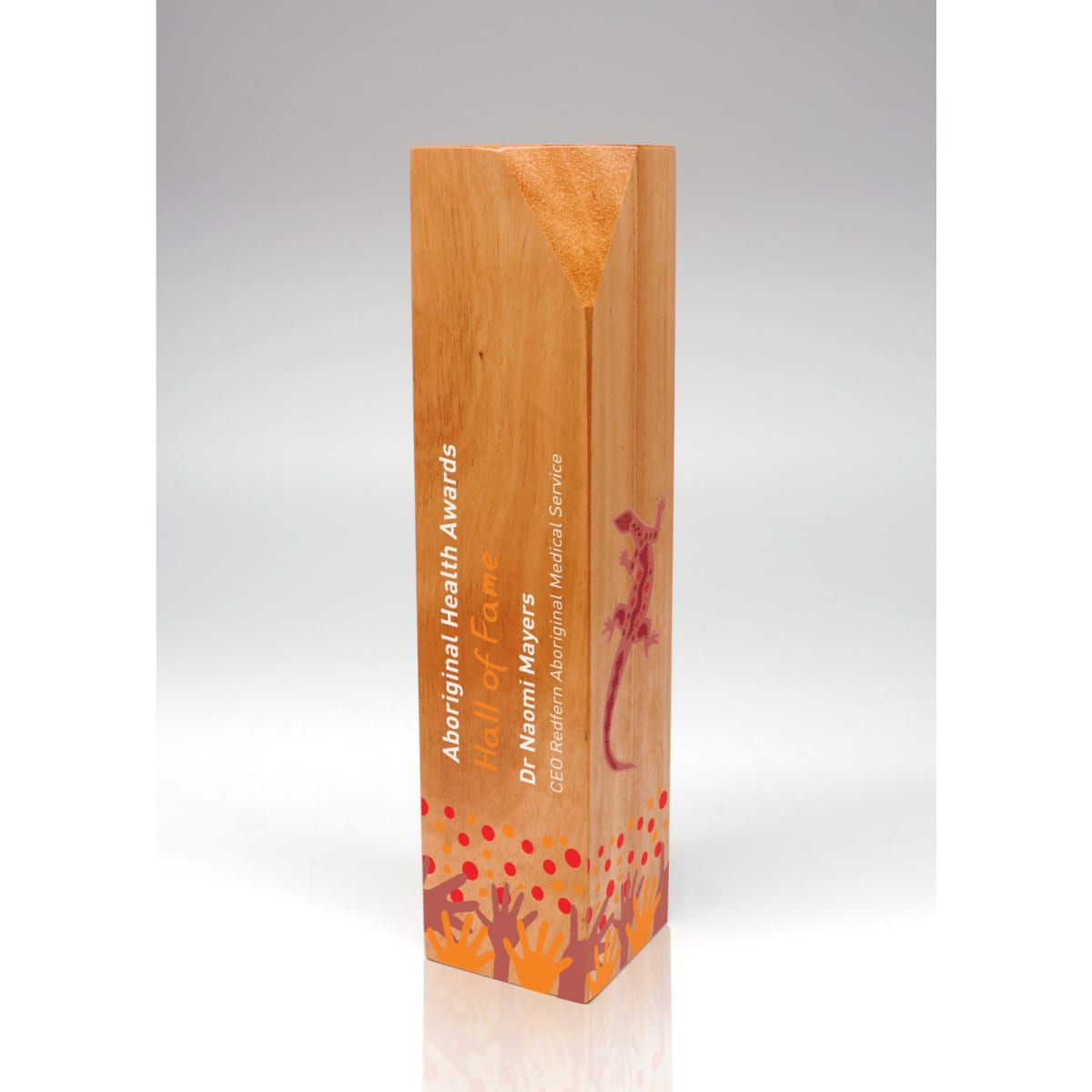 A wooden trophy with a sleek design, featuring an orange top and colourful graphics. Includes a logo.