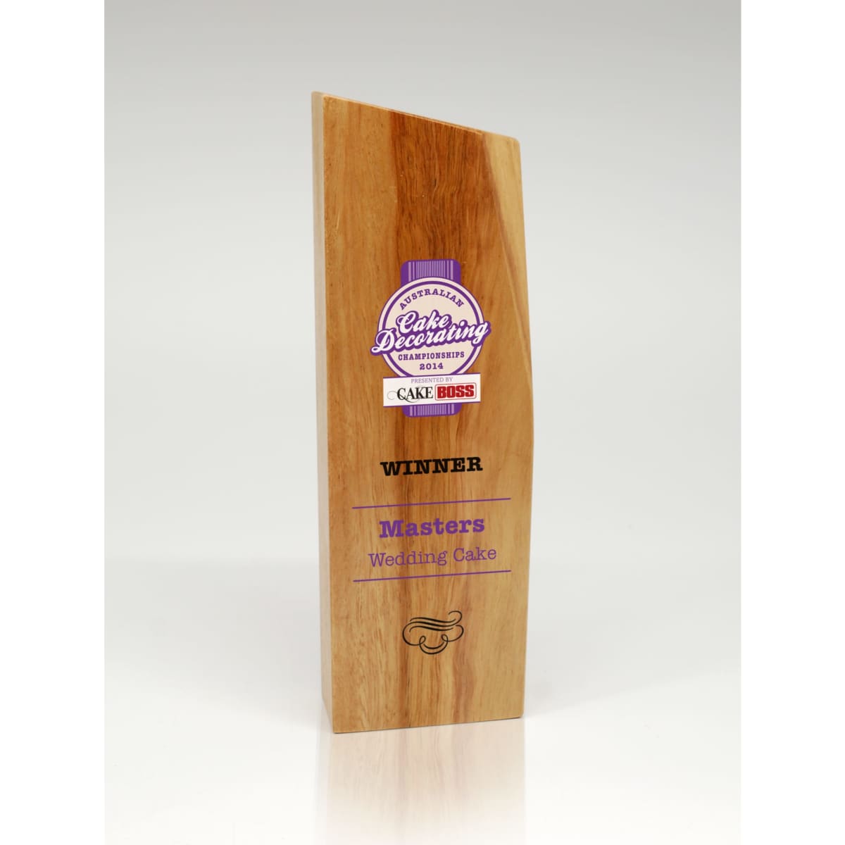 A trophy made of light brown Australian hardwood with a modern design and a logo.