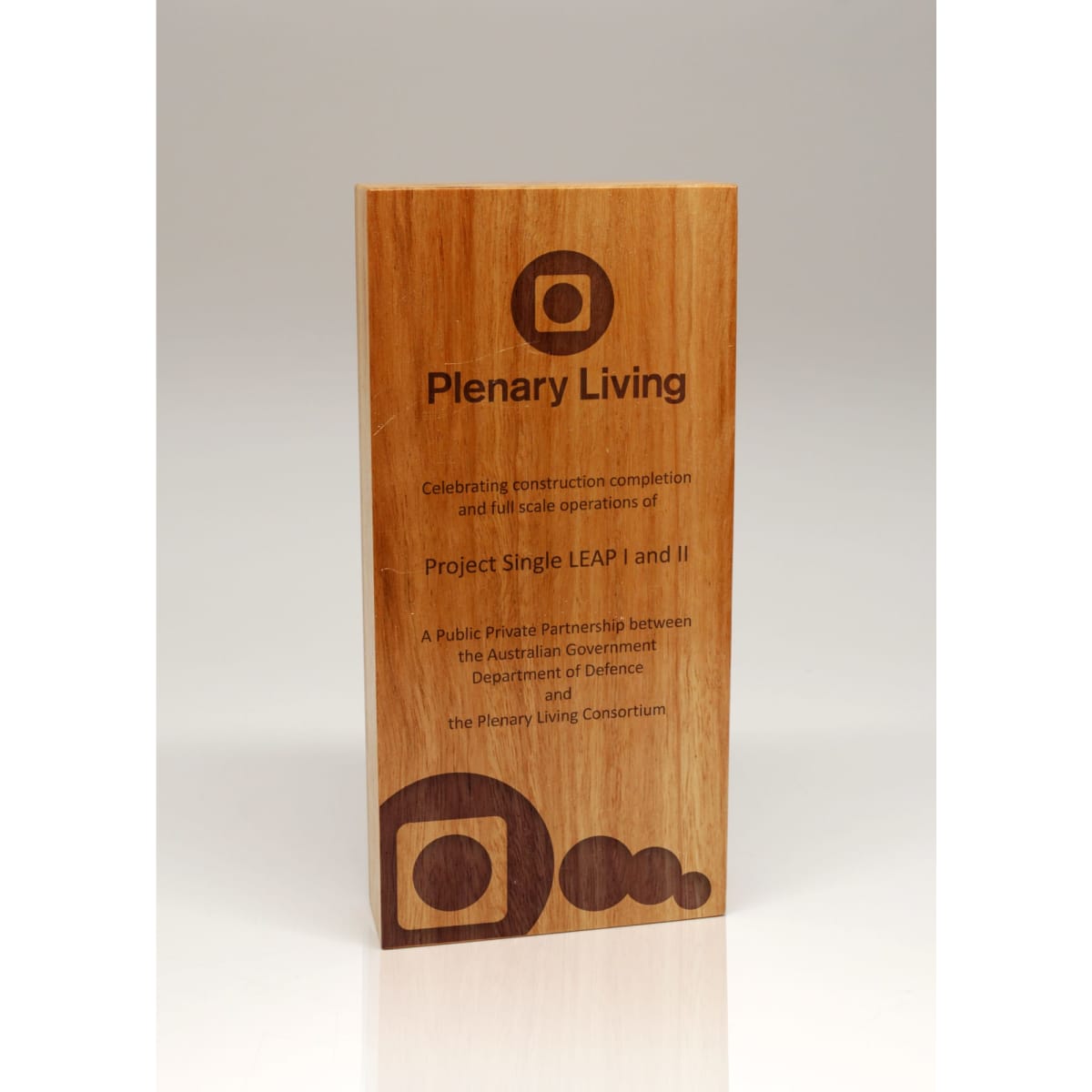 A wooden trophy plaque featuring a natural finish, engraved text, and a logo.