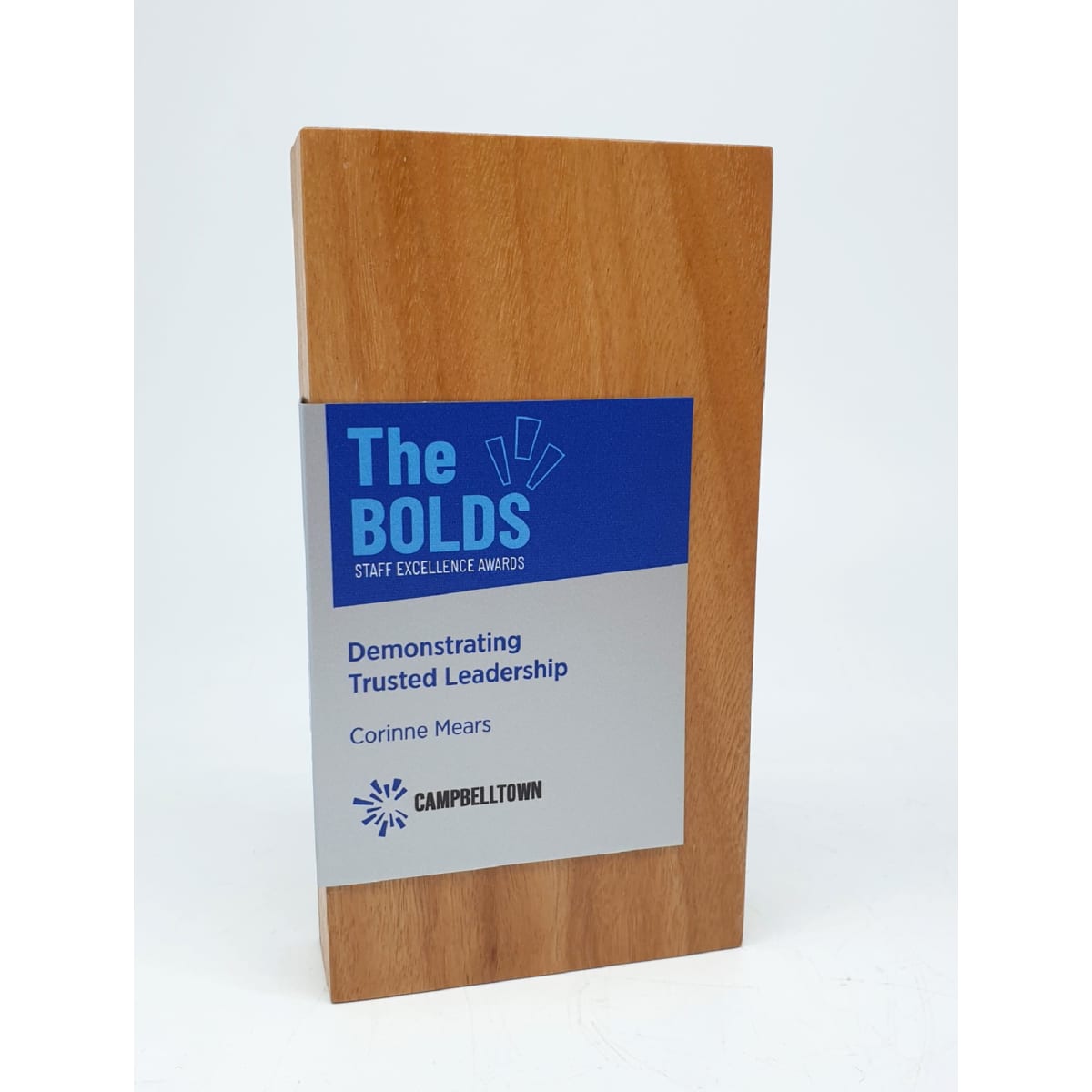 A wooden trophy with a smooth finish, featuring a metal wrap and a logo, in shades of brown and silver.