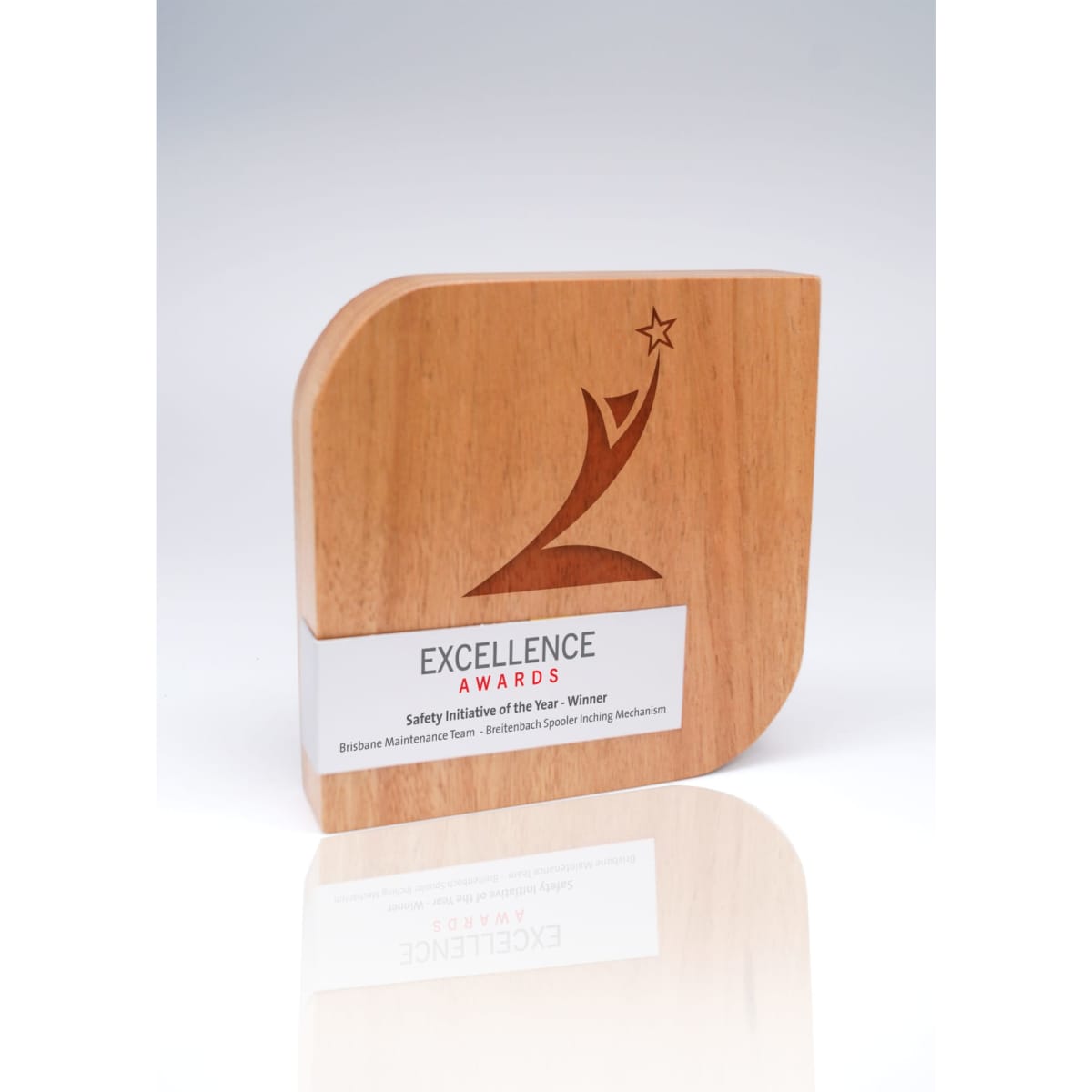 A wooden trophy featuring a stylised design and a metal wrap, showcasing an award for 'Excellence Awards'.