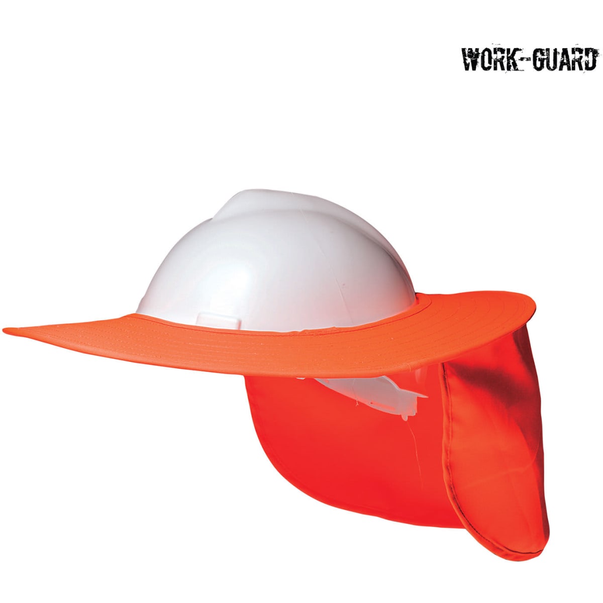 A white hard hat with a large orange protective brim and a neck flap, featuring a logo.