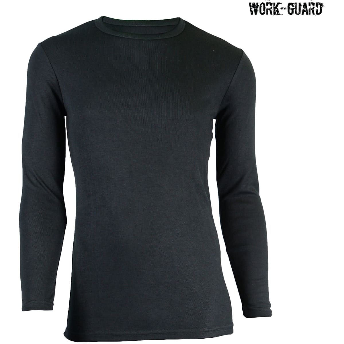 A long-sleeve round neck thermal shirt in black, designed for workwear, featuring a logo.