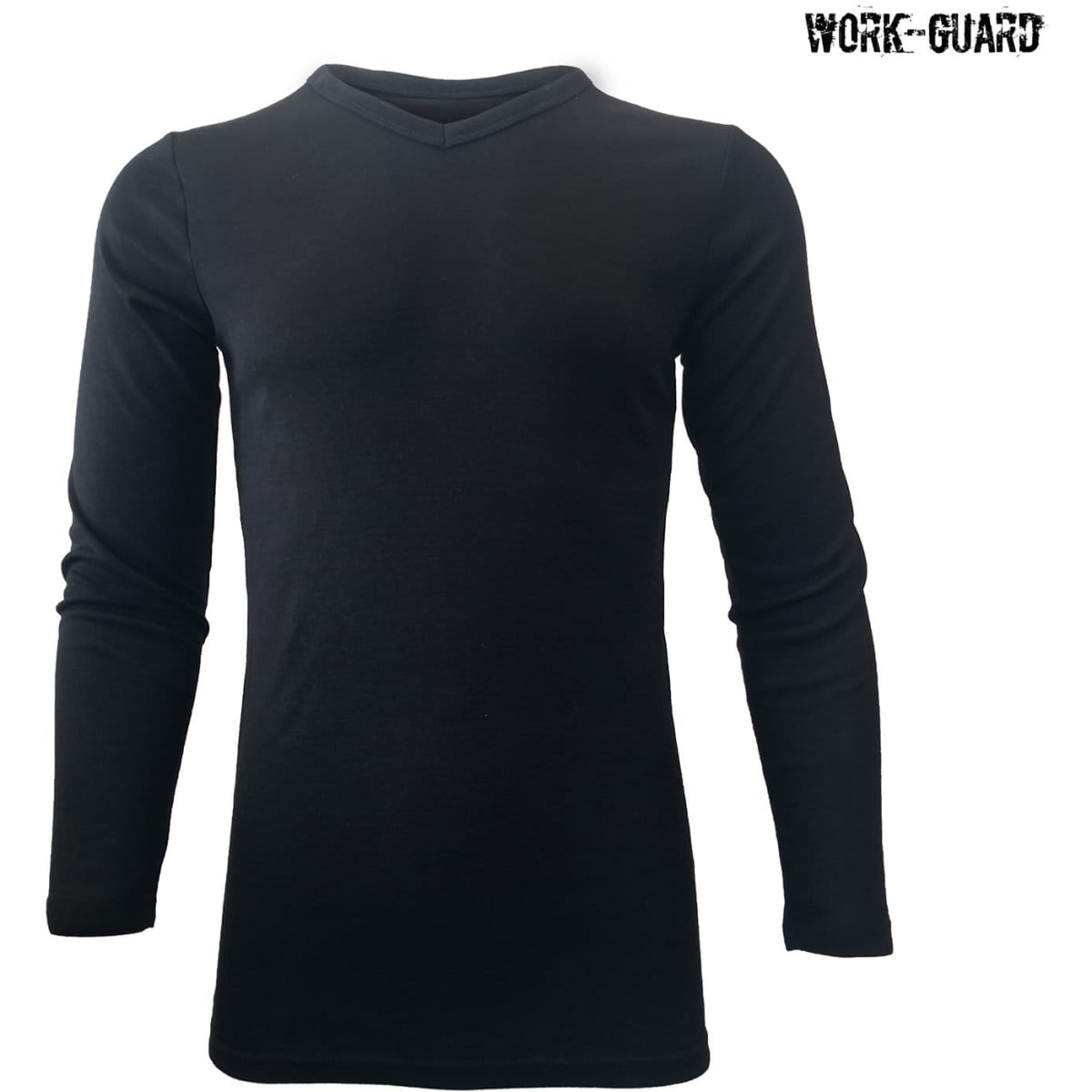 A black longsleeve v-neck thermal shirt with a fitted design, featuring a logo.