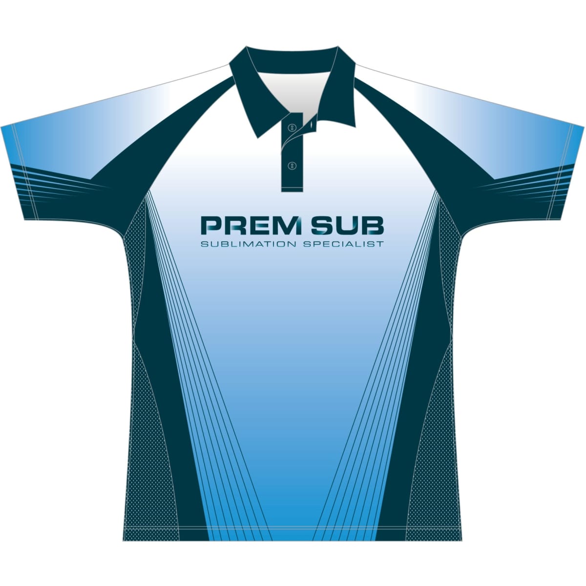 A blue and teal short-sleeved polo shirt featuring a collar and a logo on the front.