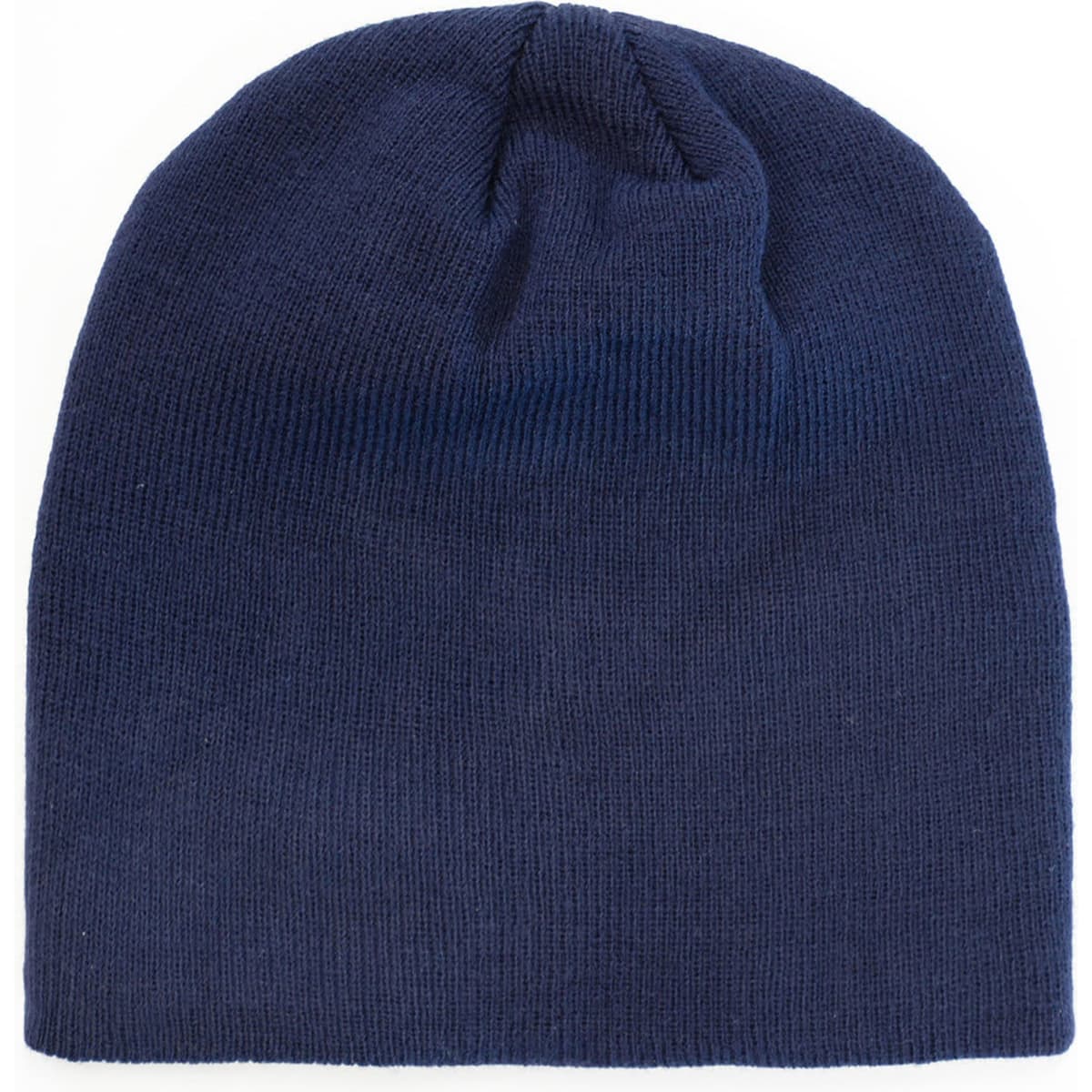 A navy blue beanie with a snug fit and ribbed texture, featuring a logo on the side.