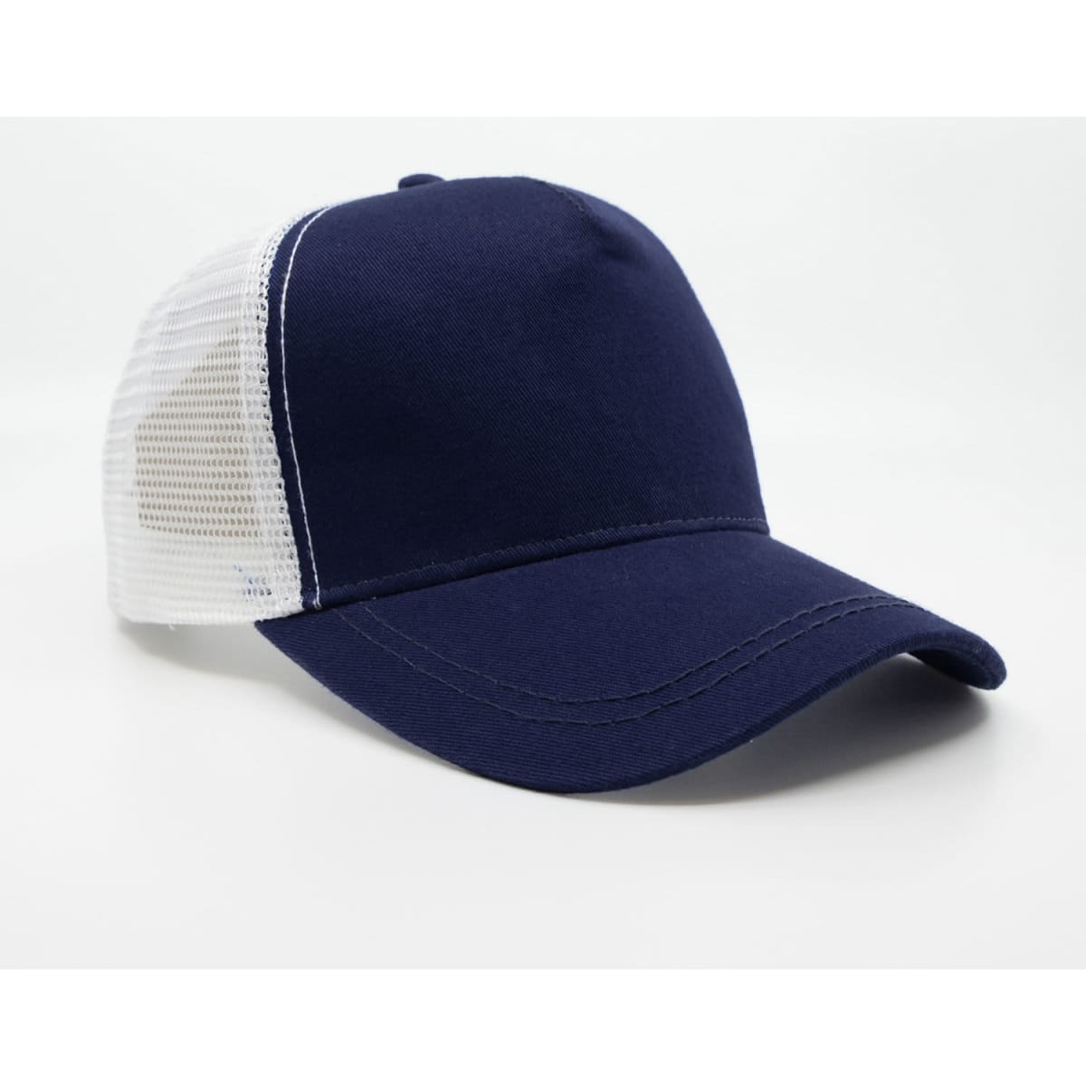 A navy blue trucker cap with a white mesh back and a curved brim, featuring a branded logo.