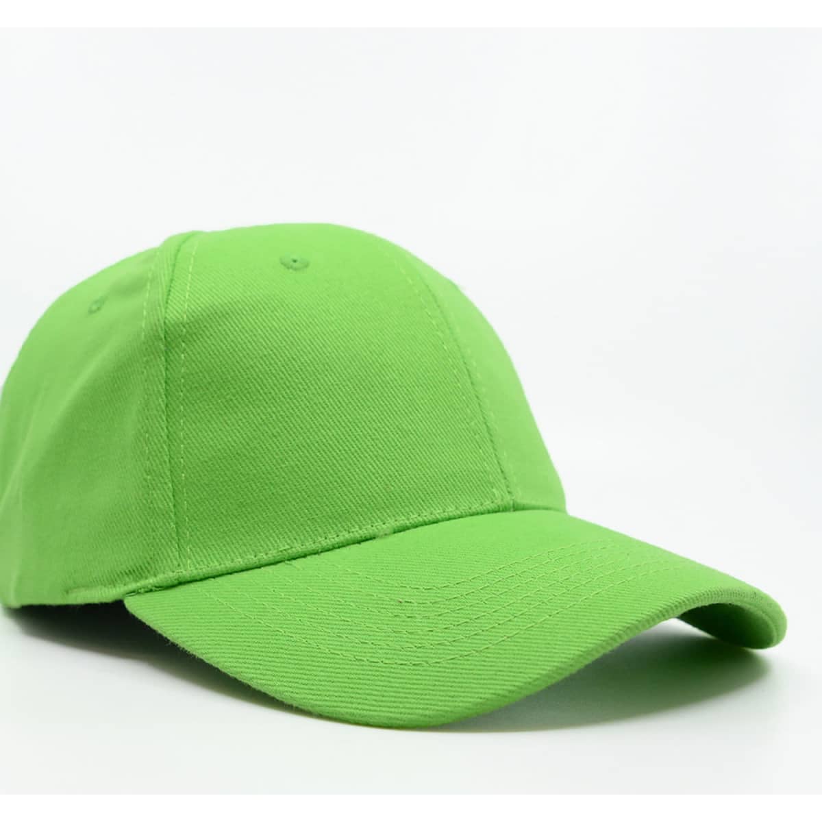 A bright green cap made of brushed cotton with a six-panel design and a curved brim.