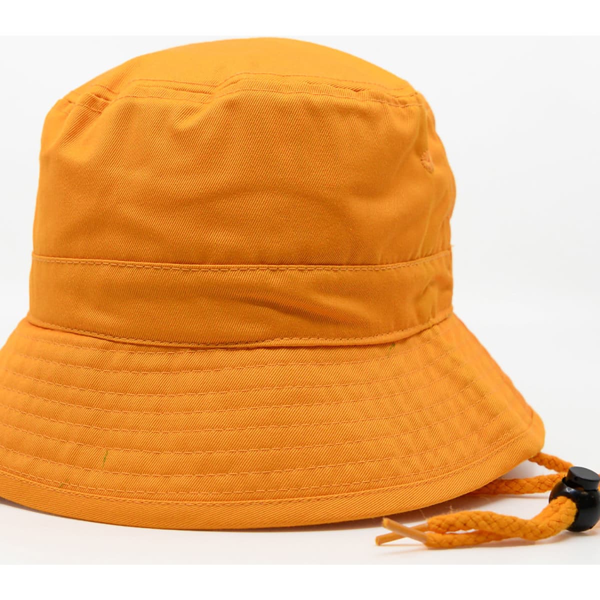 An orange HW24 bucket hat featuring a textured brim and an adjustable chin strap.