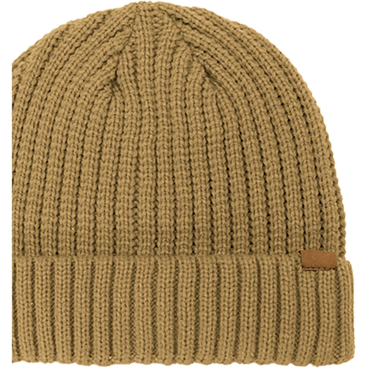 A rib knitted cuffed beanie in a tan colour, featuring a small logo tag.