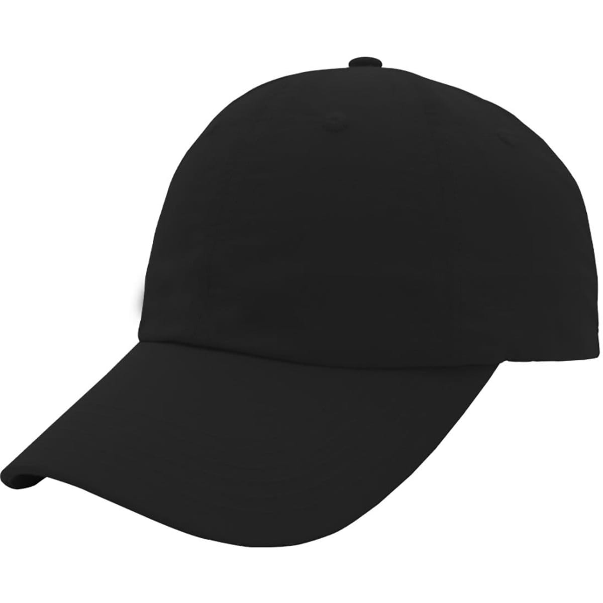 A black crushed nylon 6-panel cap with a curved brim and an adjustable strap, featuring a logo.