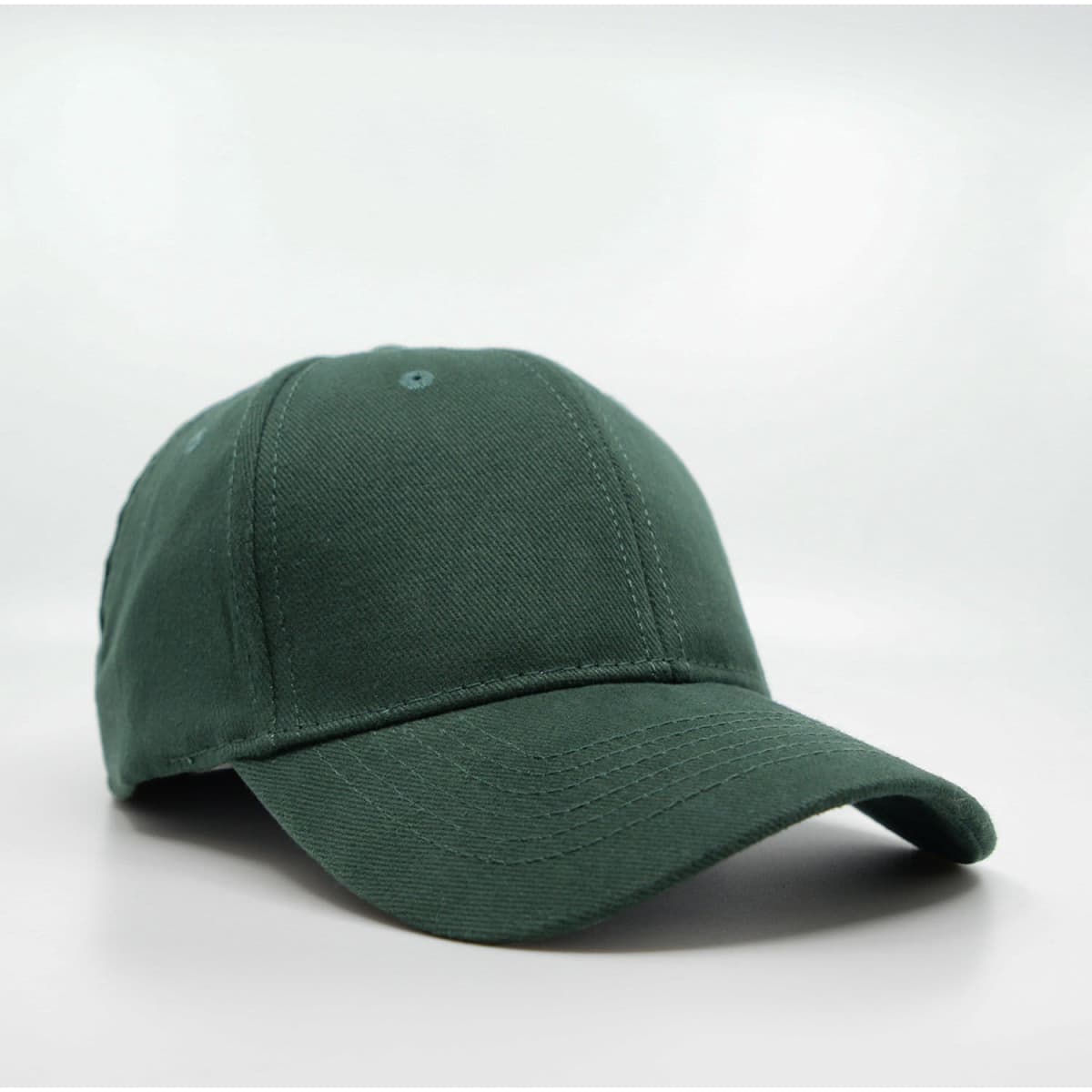 A green, six-panel brushed cotton cap featuring a curved brim and a logo on the side.