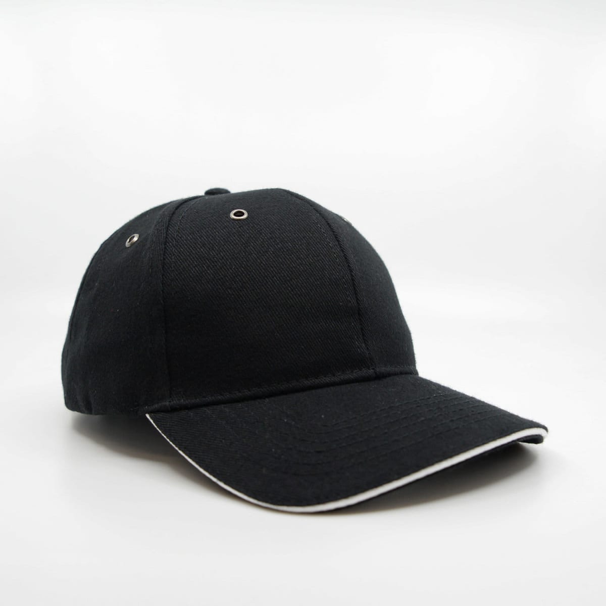 A black cap with a sandwich peak design and an embroidered logo on the front.