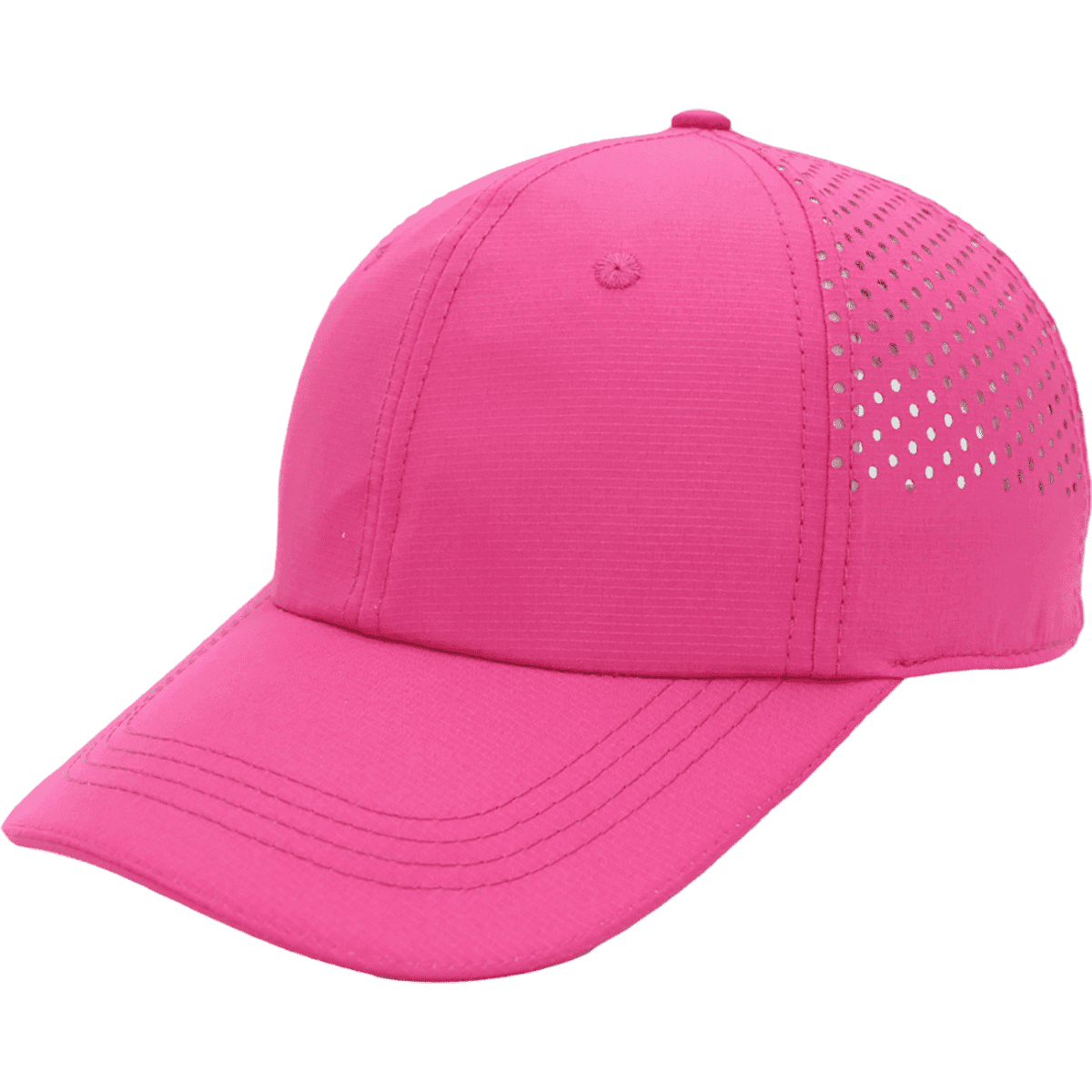A pink cap with a ventilated design and curved brim, featuring a logo.