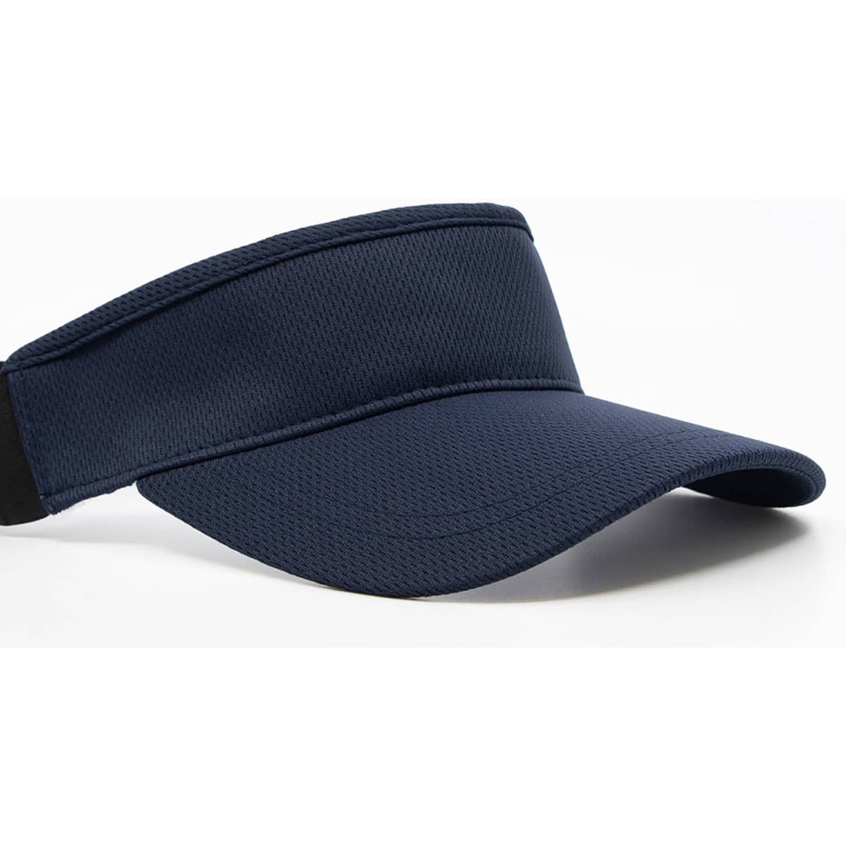 A navy elastic visor featuring a textured design and a logo on the side. Ideal for outdoor activities.