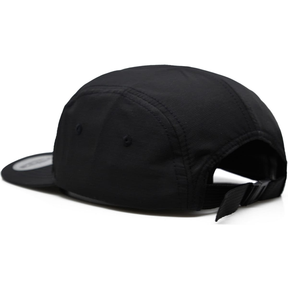A black Ripstop 5 Panel Cap featuring a back strap and a branded label.