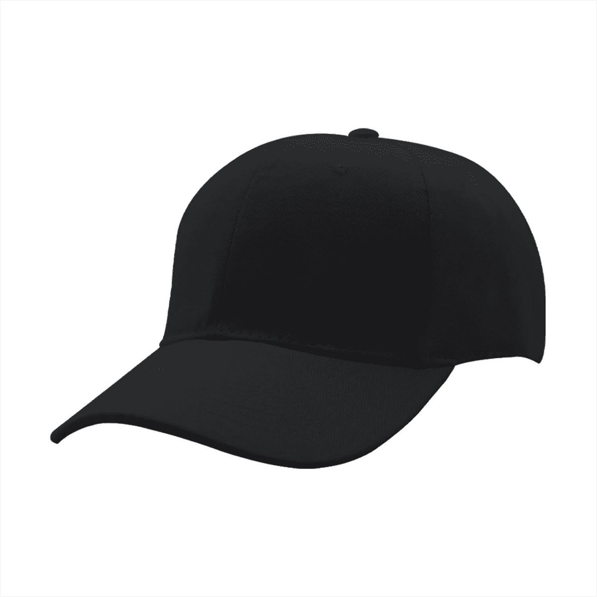 A black 5-panel cap with a rounded peak and a structured design, featuring a logo on the front.