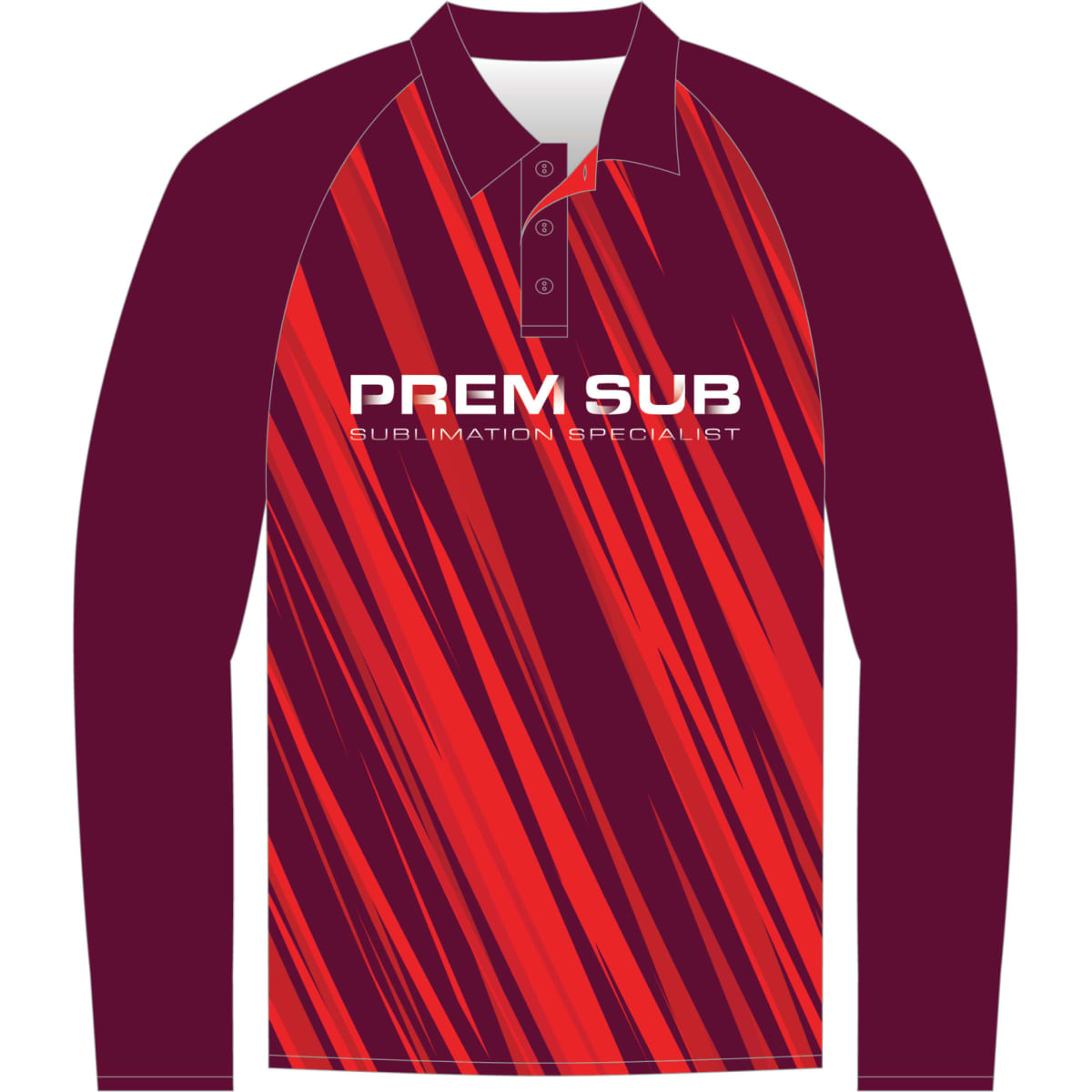 A long sleeve raglan polo shirt in maroon and red with bold diagonal stripes and a branding logo.