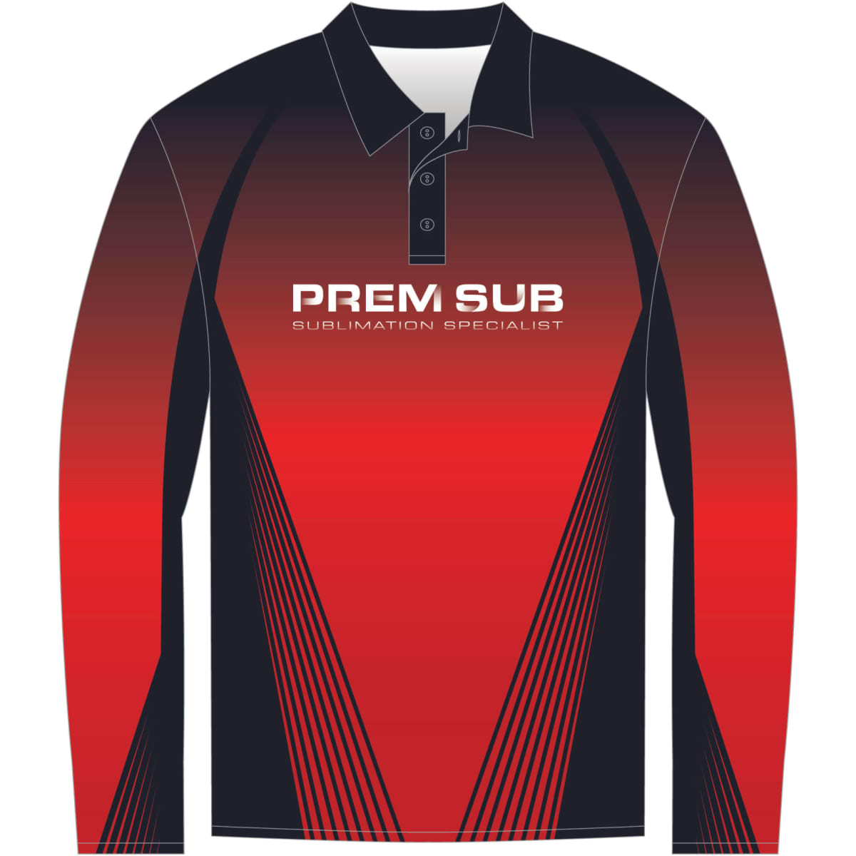 A long sleeve polo shirt in red and black with a logo, featuring a gradient design and side stripes.