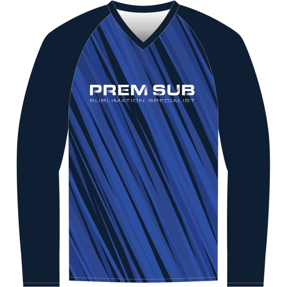 A long sleeve raglan t-shirt in blue and navy with diagonal stripes and a logo on the front.