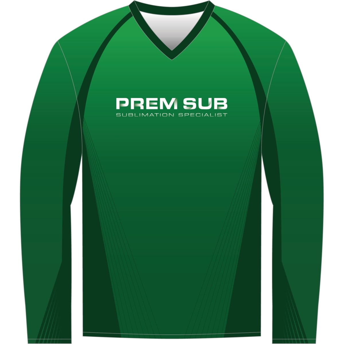 A long sleeve green T-shirt with a V-neck design, featuring a logo on the front.