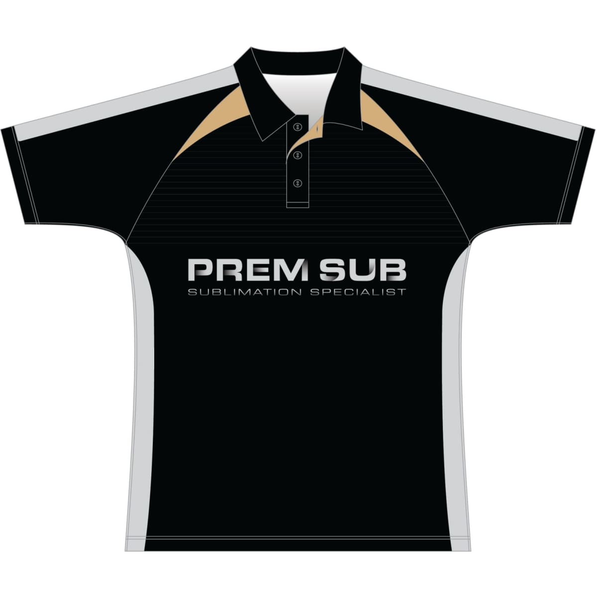 A black polo shirt featuring a logo, with grey and gold detailing. It has a classic collar and short sleeves.